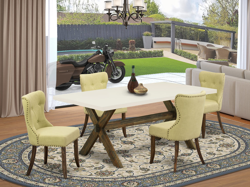 Juego de mesa de comedor moderna de 5 piezas East West Furniture X727SI737-5. Incluye una mesa rectangular de madera con patas en forma de X y 4 sillas de comedor Parson de tela de lino Limelight.