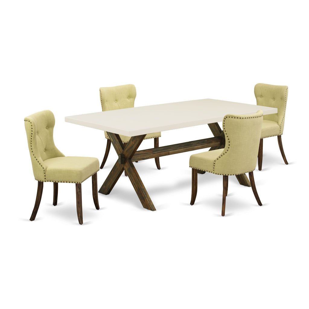 Juego de mesa de comedor moderna de 5 piezas East West Furniture X727SI737-5. Incluye una mesa rectangular de madera con patas en forma de X y 4 sillas de comedor Parson de tela de lino Limelight.