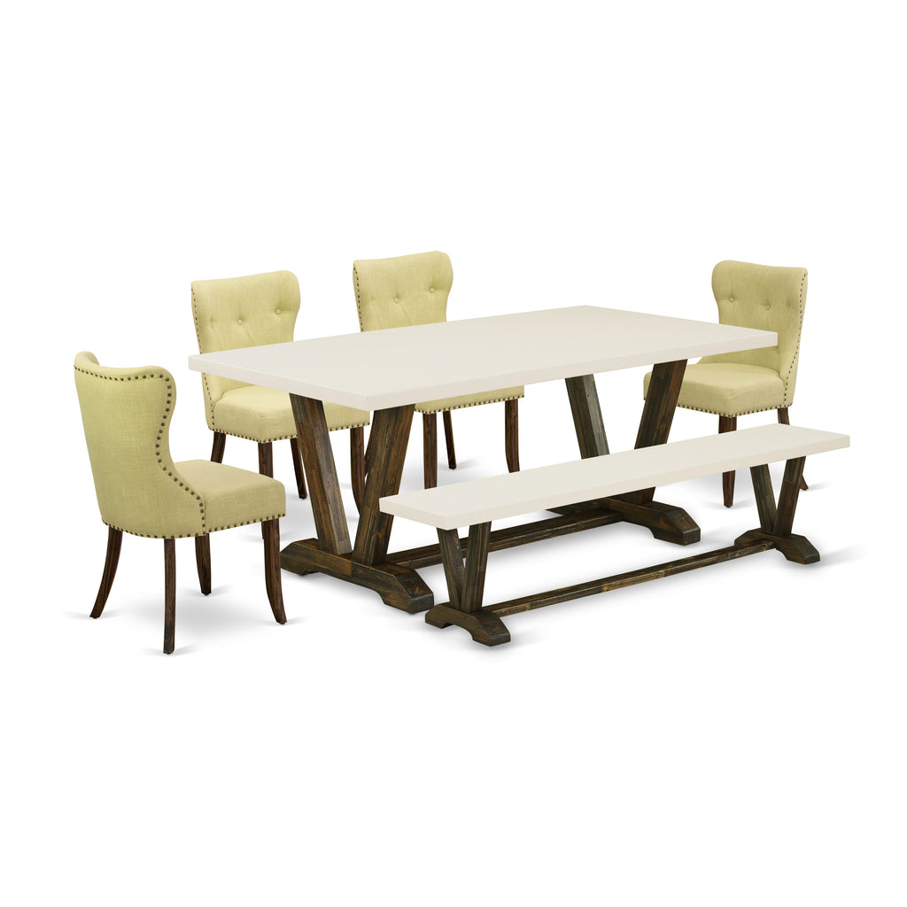 East West Furniture X727SI737-6 6-Piece Dining Table Set- 4 Dining Chairs with Limelight Linen Fabric Seat and Button Tufted Chair Back – Kitchen Table and Small Bench (linen white Finish)