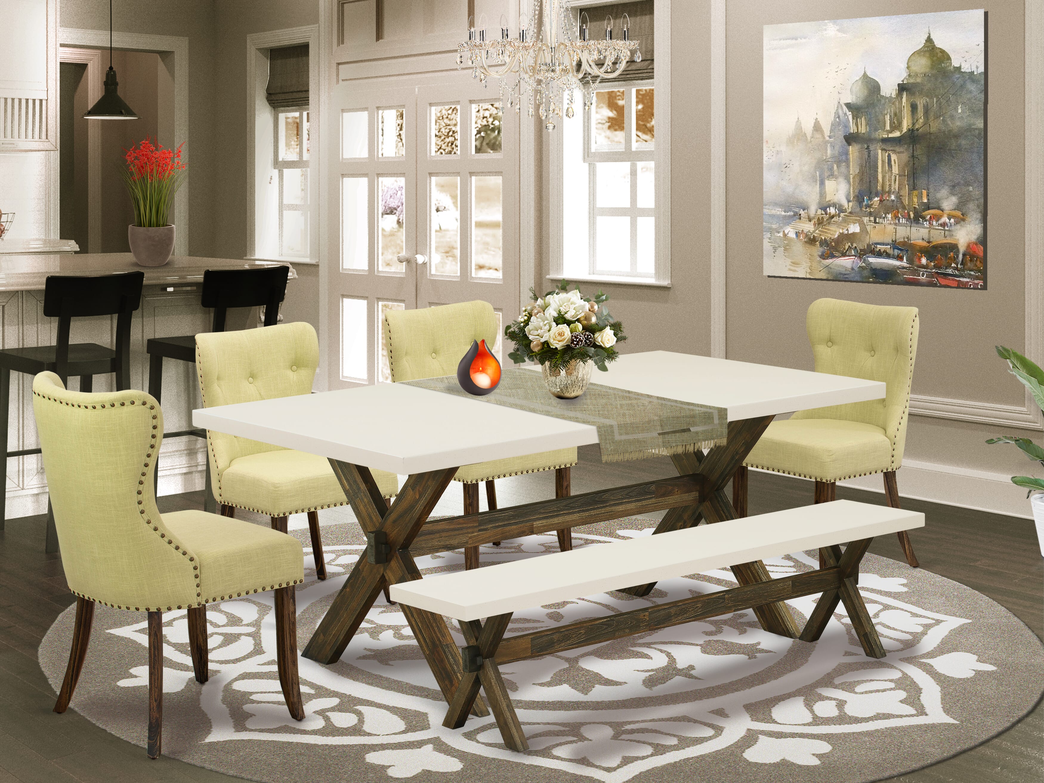 East West Furniture X727SI737-6 6-Piece Dining Table Set- 4 Dining Chairs with Limelight Linen Fabric Seat and Button Tufted Chair Back � Kitchen Table and Small Bench (linen white Finish)