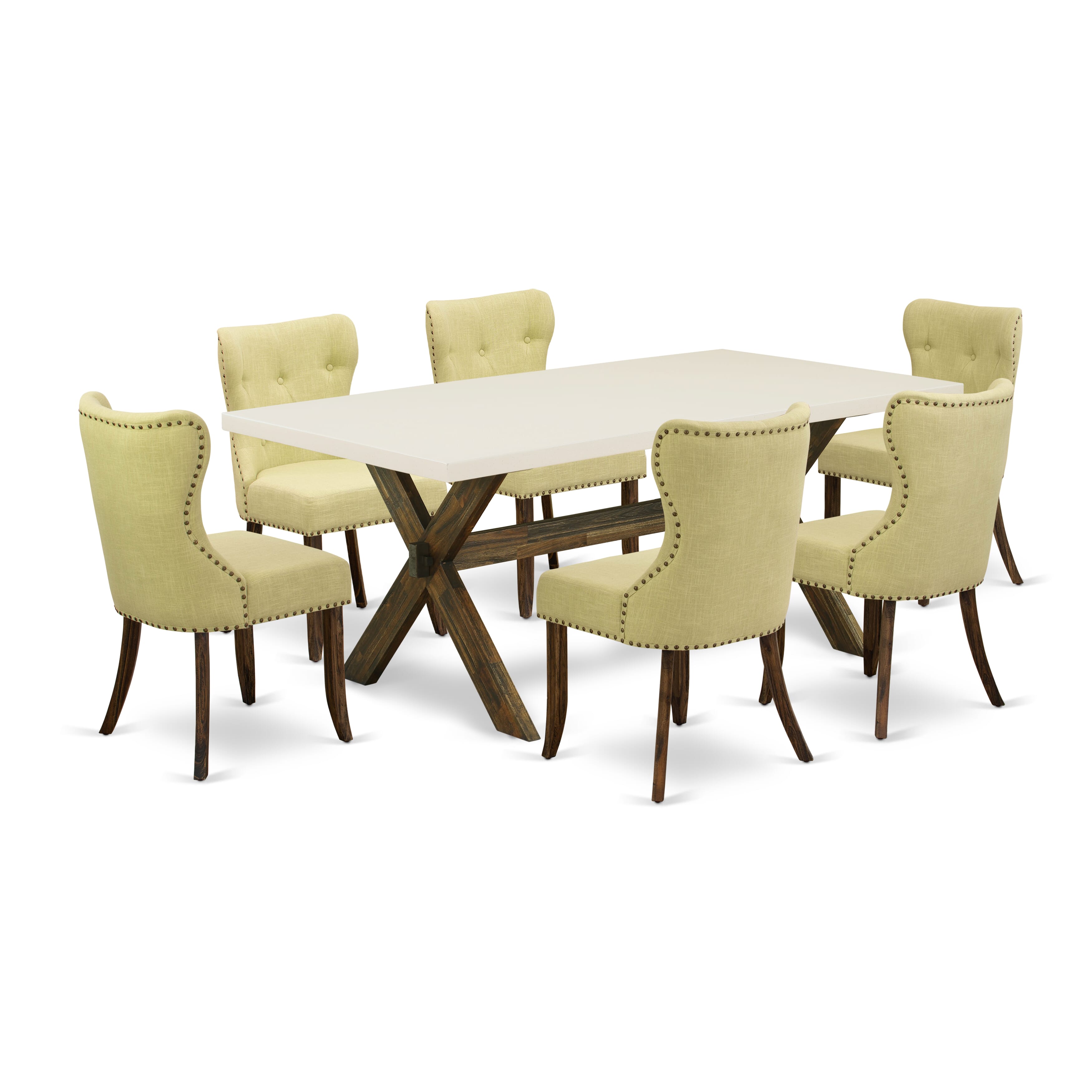 East West Furniture X727SI737-7 7-Piece Kitchen Dining Set- 6 Mid Century Dining Chairs with Limelight Linen Fabric Seat and Button Tufted Chair Back - Rectangular Table top & Wooden Cross Legs - linen white and Distressed Jacobean Finish