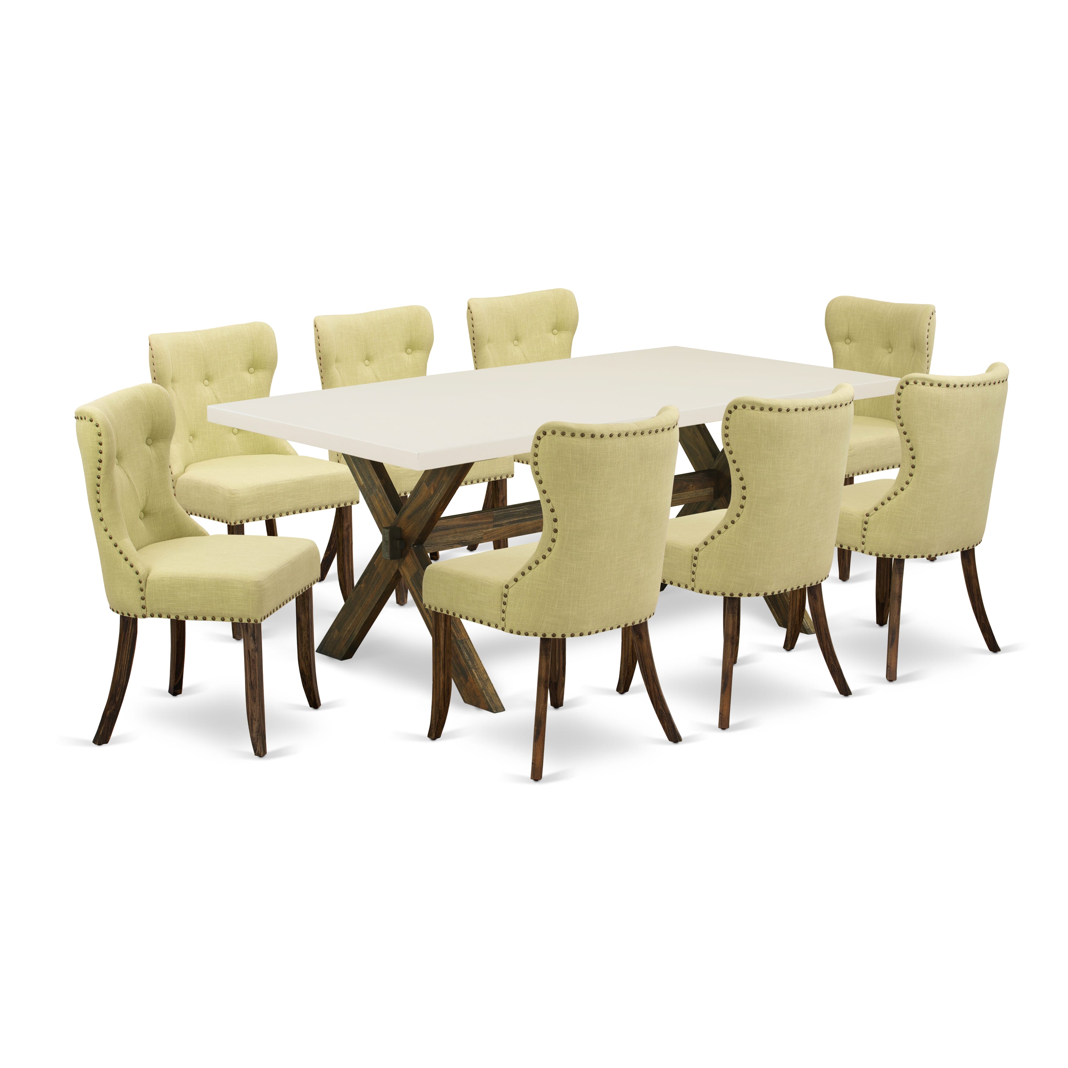 East West Furniture X727SI737-9 9-Piece Modern Dining Set- 8 Parson Chairs with Limelight Linen Fabric Seat and Button Tufted Chair Back - Rectangular Table top & Wooden Cross Legs - linen white and Distressed Jacobean Finish