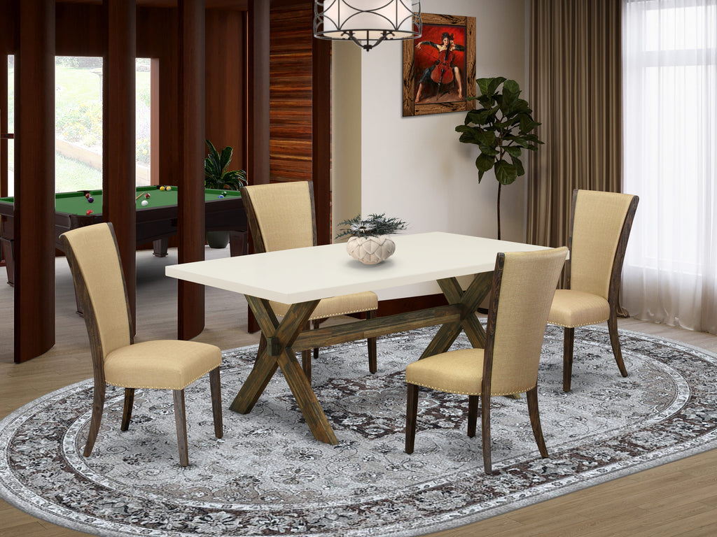 Juego de comedor de 5 piezas East West Furniture X727VE703-5 para 4 personas. Incluye una mesa de comedor rectangular con patas en forma de X y 4 sillas Parson tapizadas en tela de lino marrón.