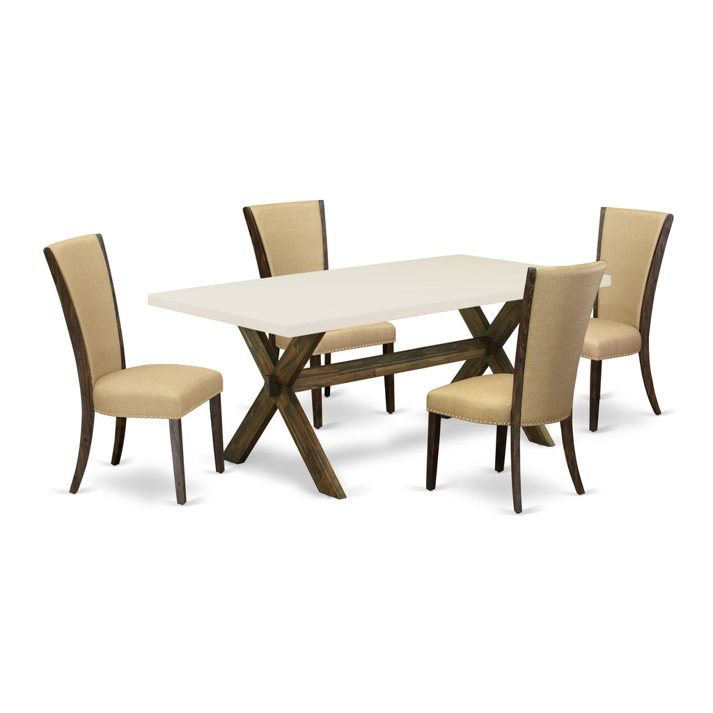 Juego de comedor de 5 piezas East West Furniture X727VE703-5 para 4 personas. Incluye una mesa de comedor rectangular con patas en forma de X y 4 sillas Parson tapizadas en tela de lino marrón.