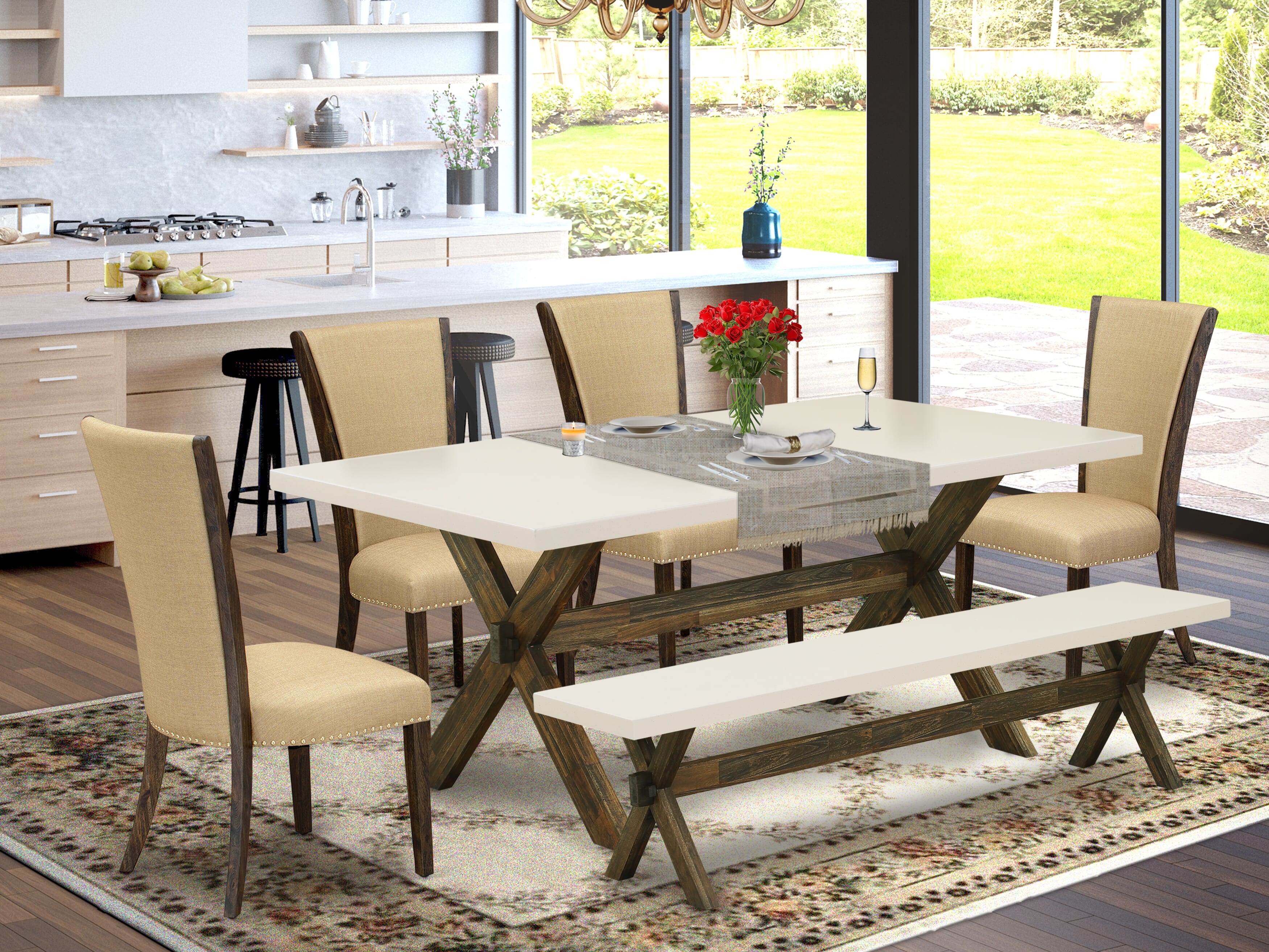 East West Furniture X727VE703-6 6 Piece Table Set - 4 Brown Linen Fabric Dining Chairs with Nailheads and linen white Wood Dining Table - 1 Dining Bench - Distressed Jacobean Finish