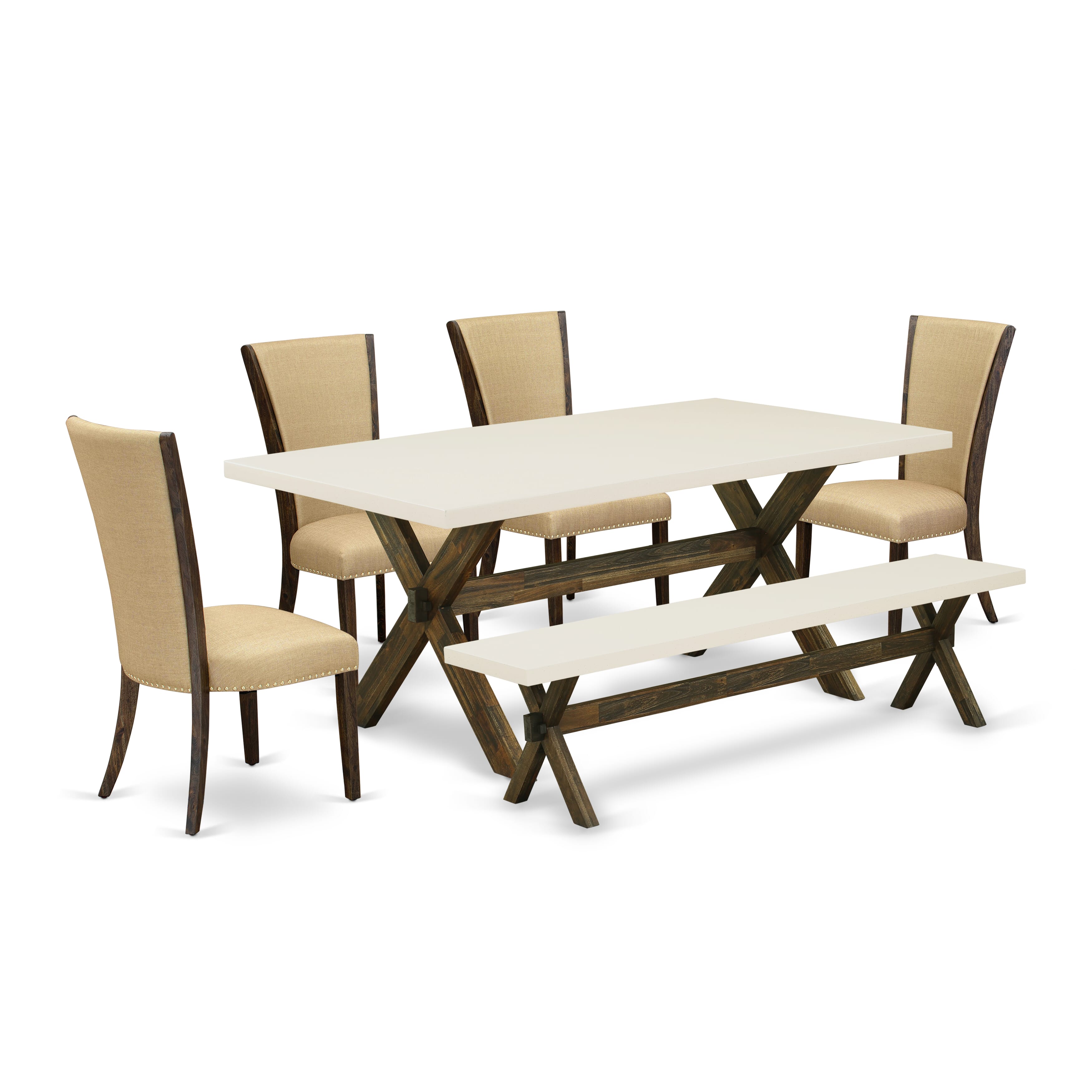 East West Furniture X727VE703-6 6 Piece Table Set - 4 Brown Linen Fabric Dining Chairs with Nailheads and linen white Wood Dining Table - 1 Dining Bench - Distressed Jacobean Finish