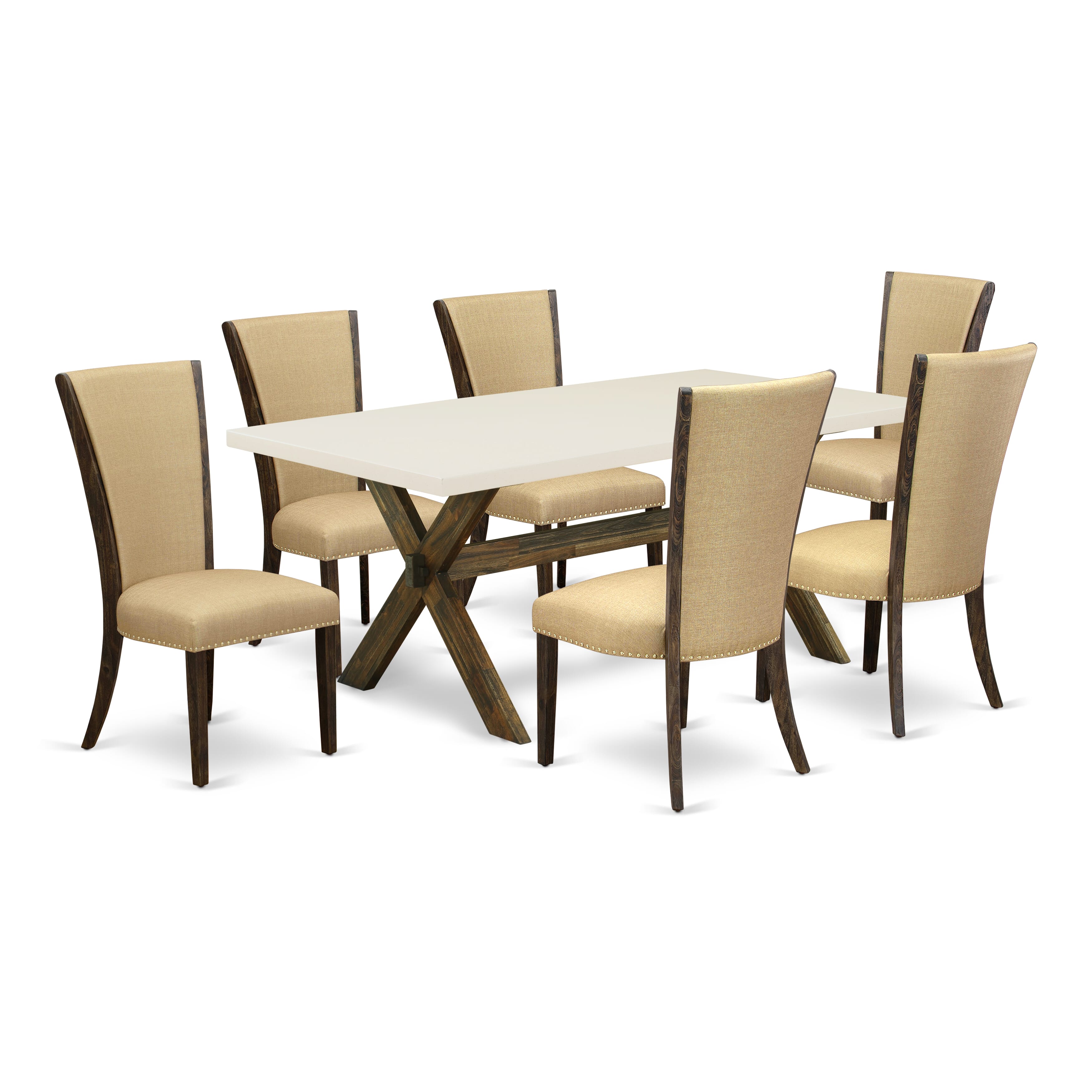 East West Furniture X727VE703-7 7Pc Kitchen Table Set Contains a Dining Room Table and 6 Parson Dining Chairs with Brown Color Linen Fabric, Distressed Jacobean and Linen White Finish