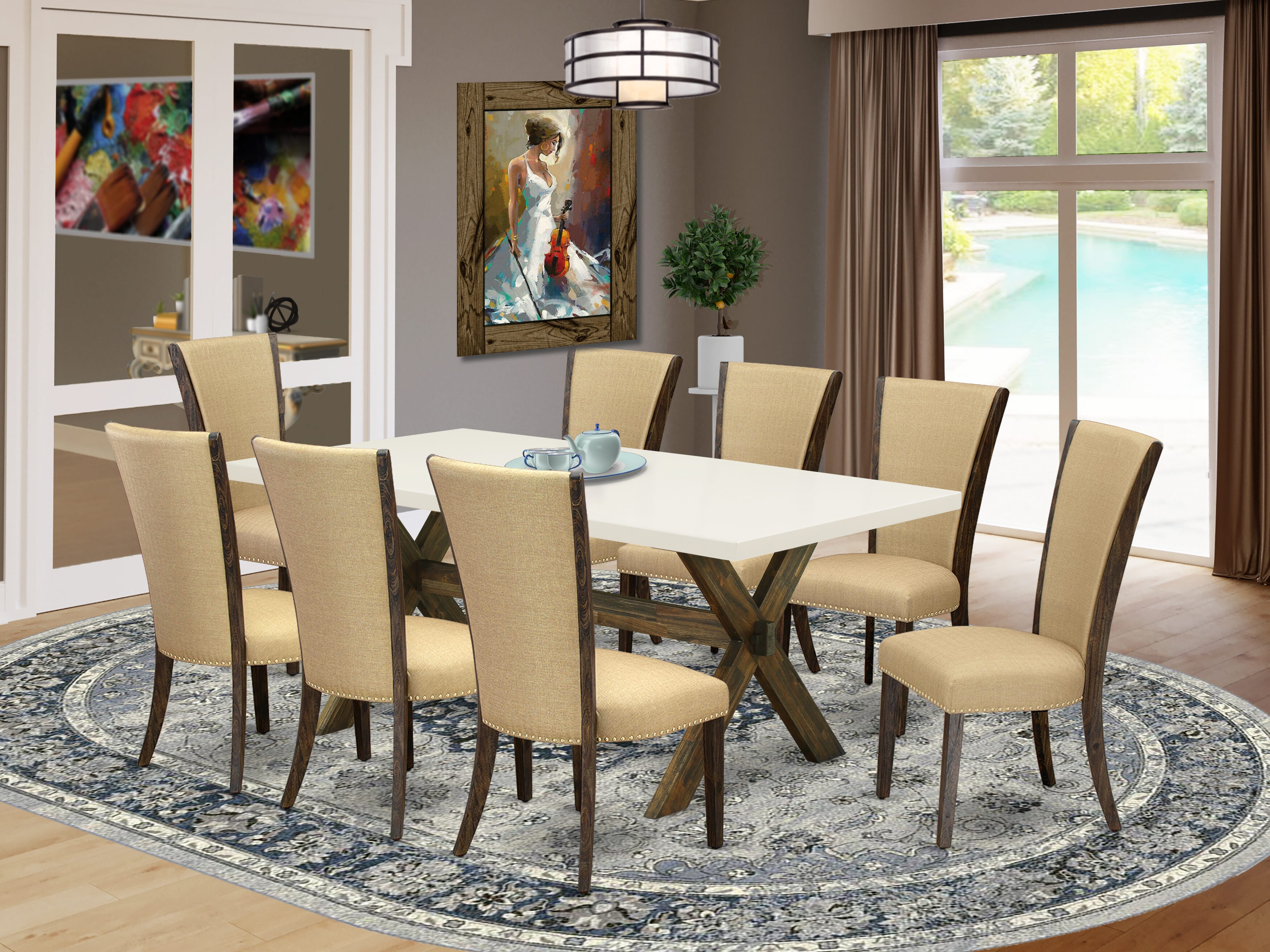East West Furniture X727VE703-9 9Pc Kitchen Set Consists of a Rectangular Table and 8 Upholstered Dining Chairs with Brown Color Linen Fabric, Distressed Jacobean and Linen White Finish