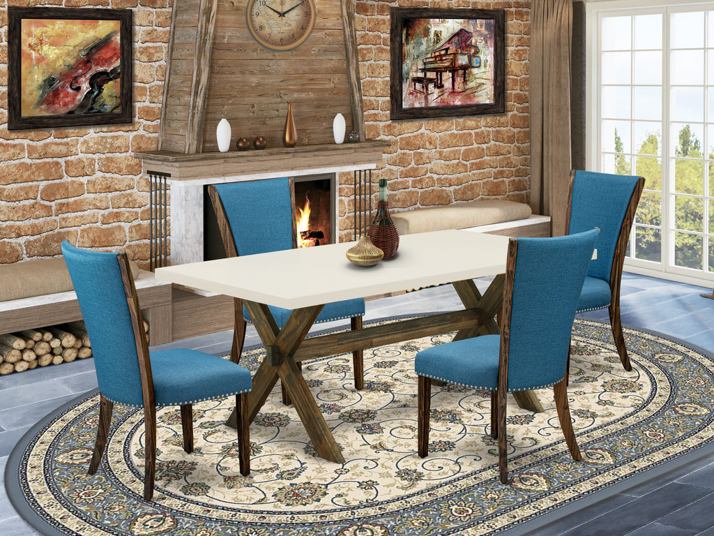 Juego de mesa de comedor moderna de 5 piezas East West Furniture X727VE721-5. Incluye una mesa rectangular de madera con patas en forma de X y 4 sillas tapizadas en tela de lino de color azul.