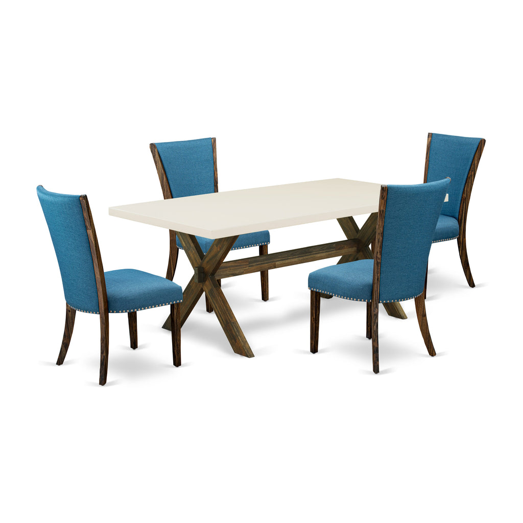 Juego de mesa de comedor moderna de 5 piezas East West Furniture X727VE721-5. Incluye una mesa rectangular de madera con patas en forma de X y 4 sillas tapizadas en tela de lino de color azul.