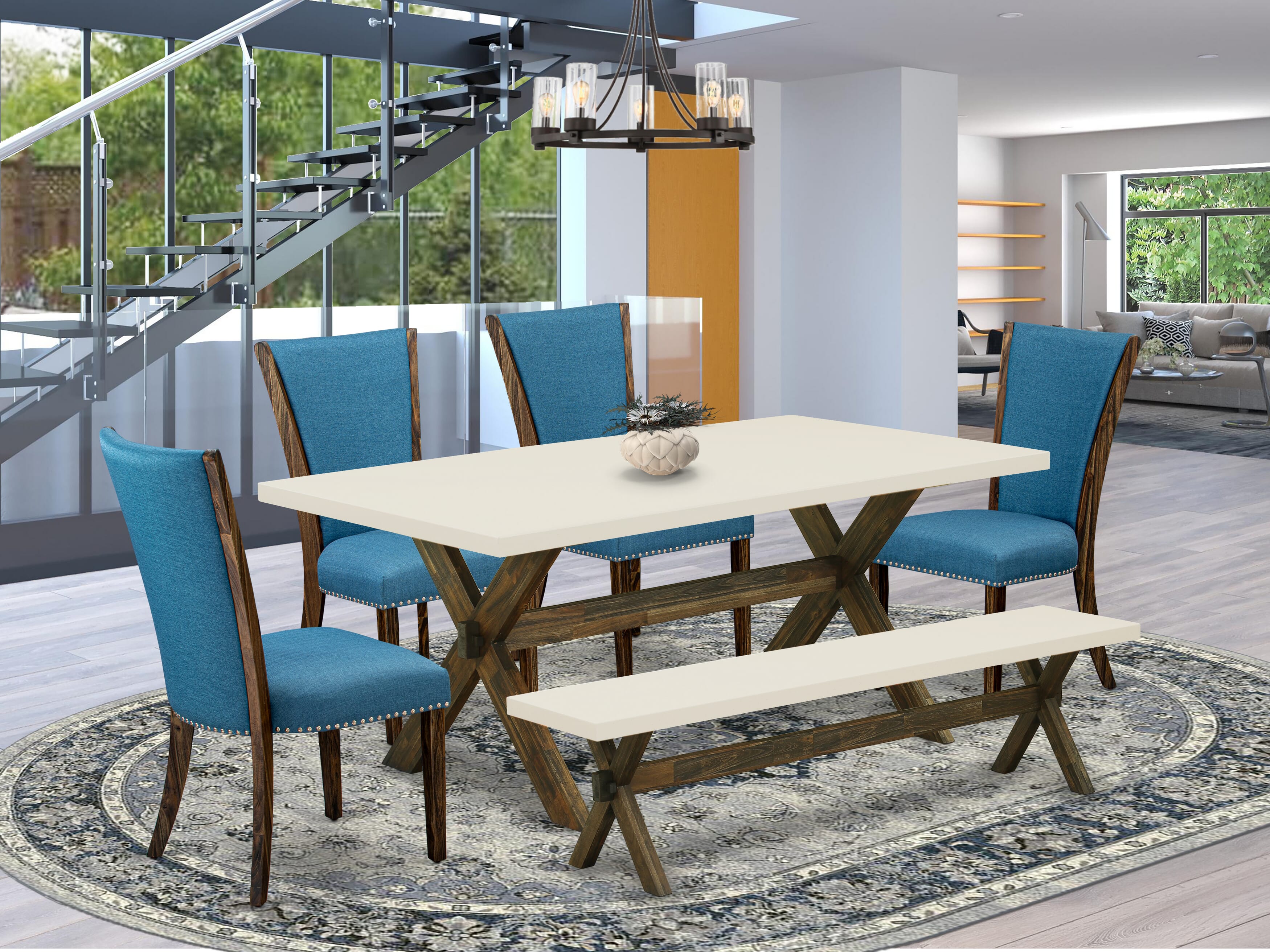 Juego de mesa de comedor de 6 piezas East West Furniture X727VE721-6. Contiene una mesa de comedor rectangular con patas en forma de X y 4 sillas Parson de tela de lino de color azul con un banco.