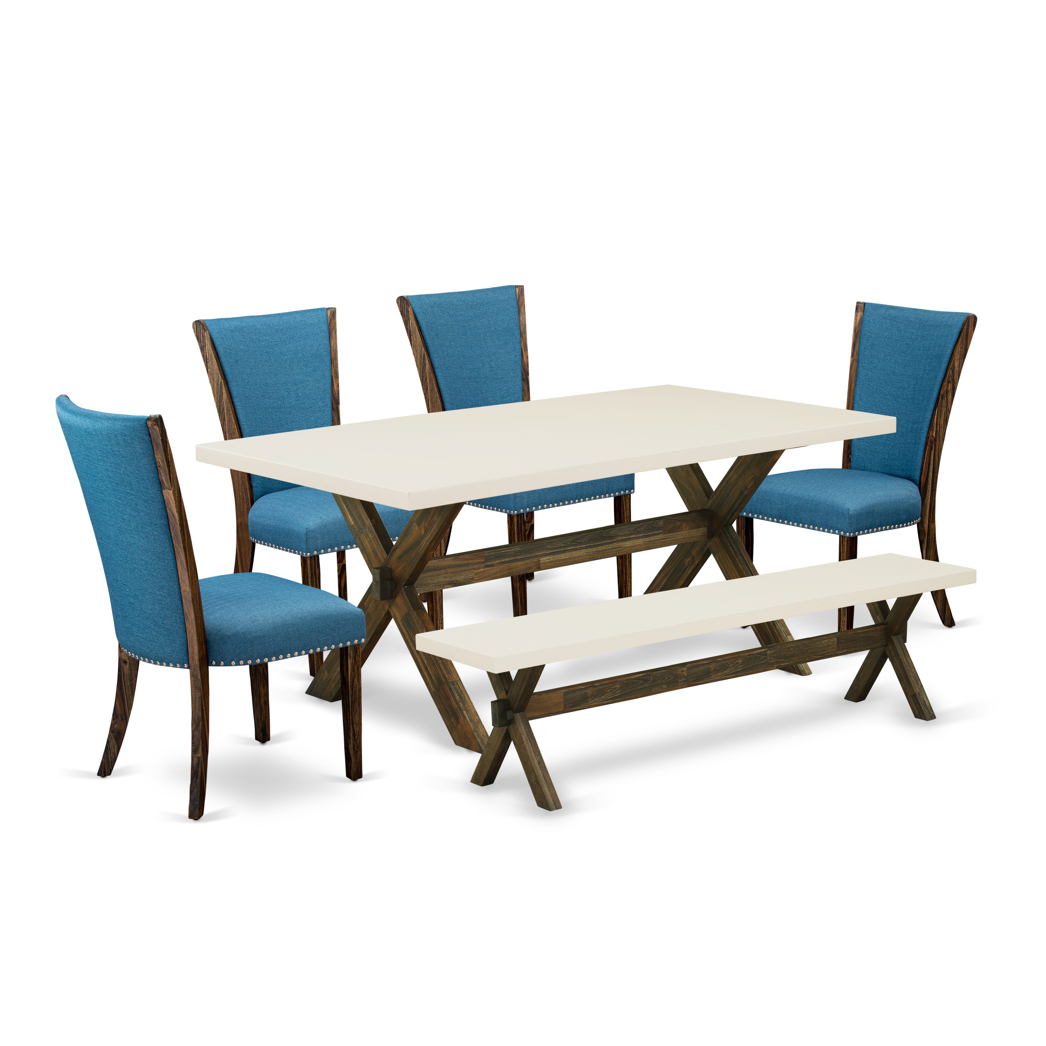 Juego de mesa de comedor de 6 piezas East West Furniture X727VE721-6. Contiene una mesa de comedor rectangular con patas en forma de X y 4 sillas Parson de tela de lino de color azul con un banco.