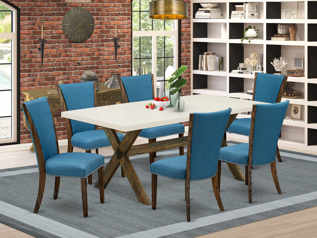 Juego de mesa de comedor de 7 piezas East West Furniture X727VE721-7 compuesto por una mesa de comedor rectangular con patas en forma de X y 6 sillas tapizadas en tela de lino azul.