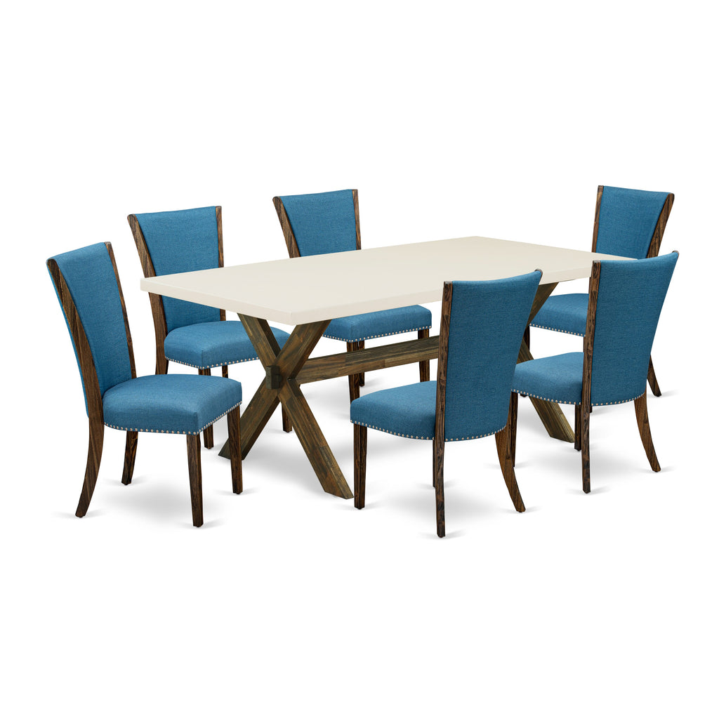 Juego de mesa de comedor de 7 piezas East West Furniture X727VE721-7 compuesto por una mesa de comedor rectangular con patas en forma de X y 6 sillas tapizadas en tela de lino azul.