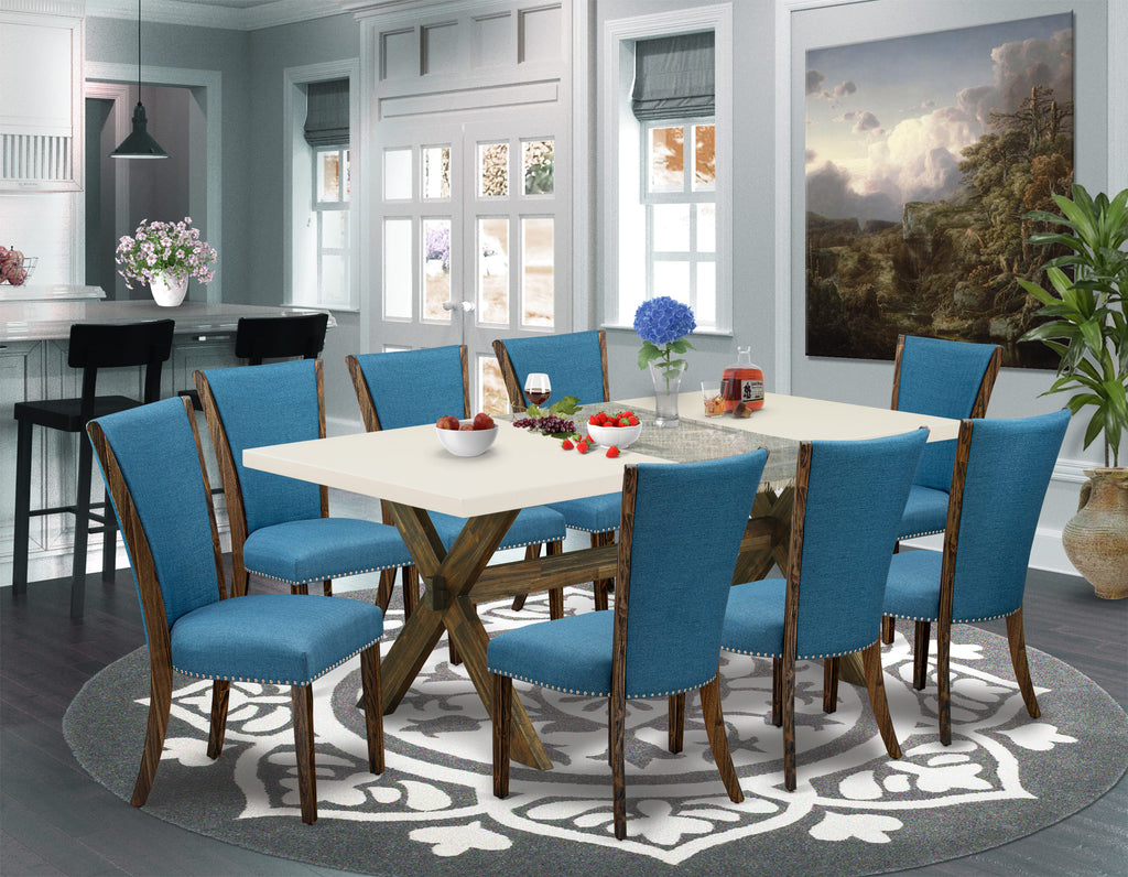 El juego de mesa de cocina de 9 piezas East West Furniture X727VE721-9 incluye una mesa de comedor rectangular con patas en forma de X y 8 sillas de comedor Parson de tela de lino de color azul.