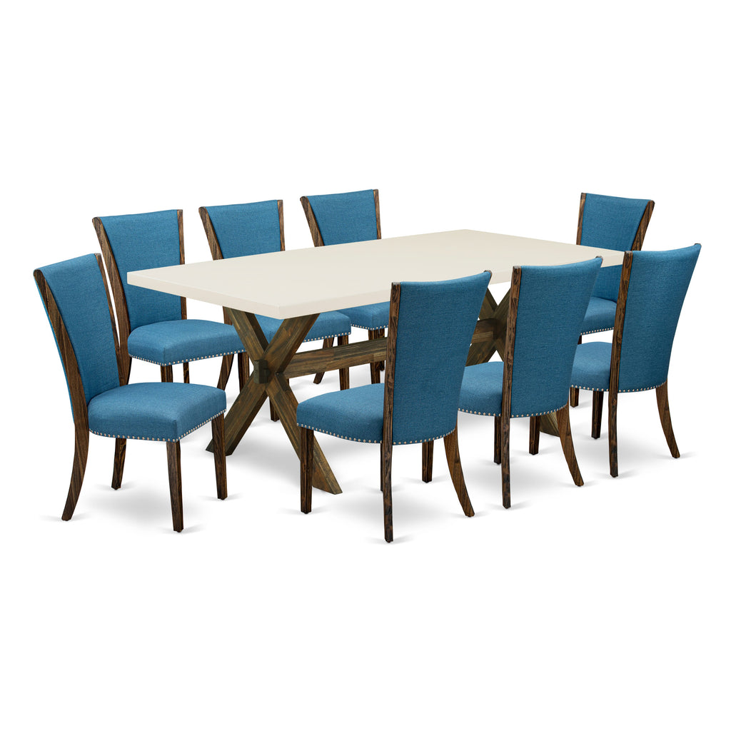 El juego de mesa de cocina de 9 piezas East West Furniture X727VE721-9 incluye una mesa de comedor rectangular con patas en forma de X y 8 sillas de comedor Parson de tela de lino de color azul.