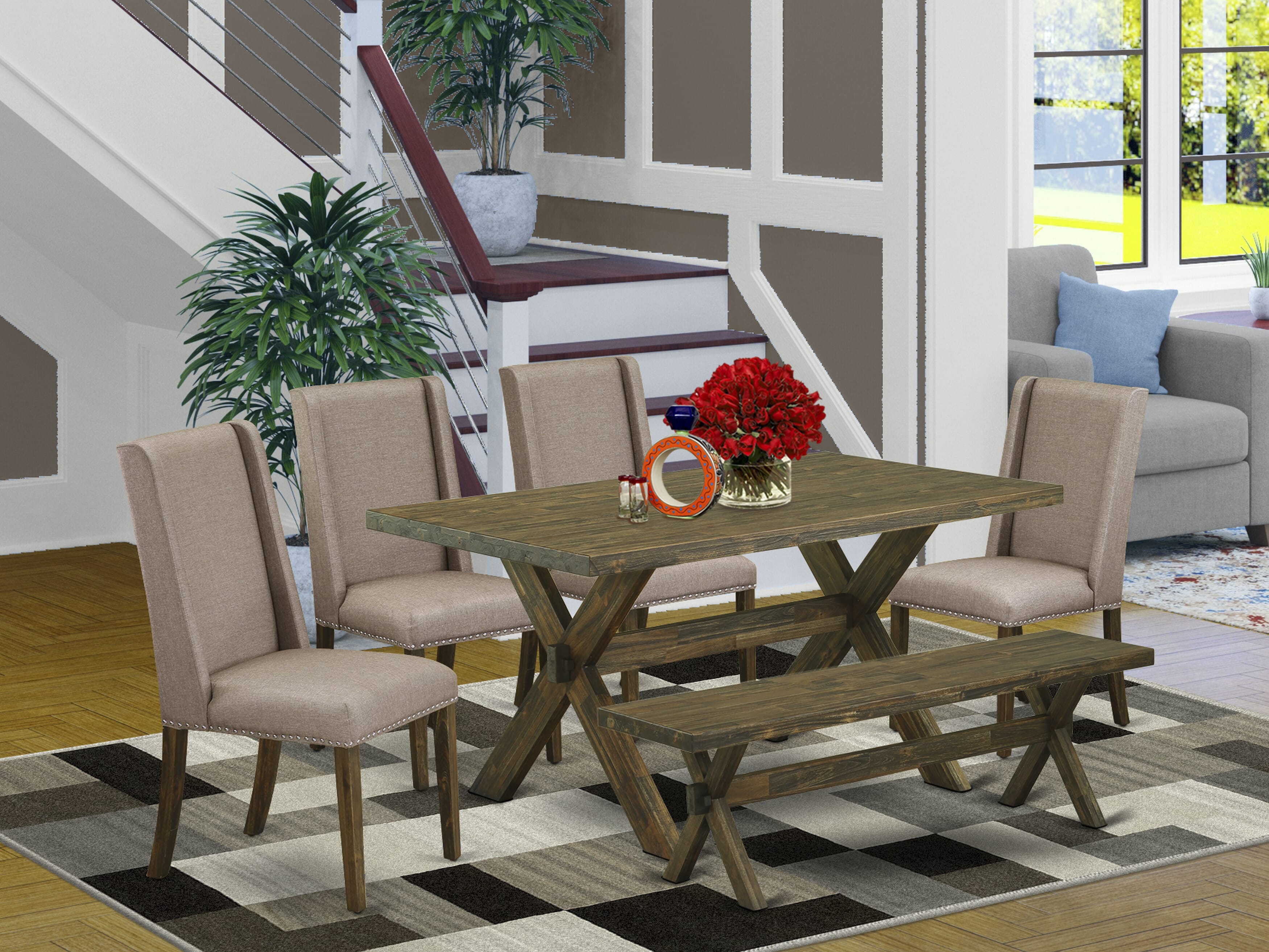 East West Furniture X776FL716-6 6-Pc Modern Dining Table Set-Dark Khaki Linen Fabric Seat and High Stylish Chair Back Dining chairs
