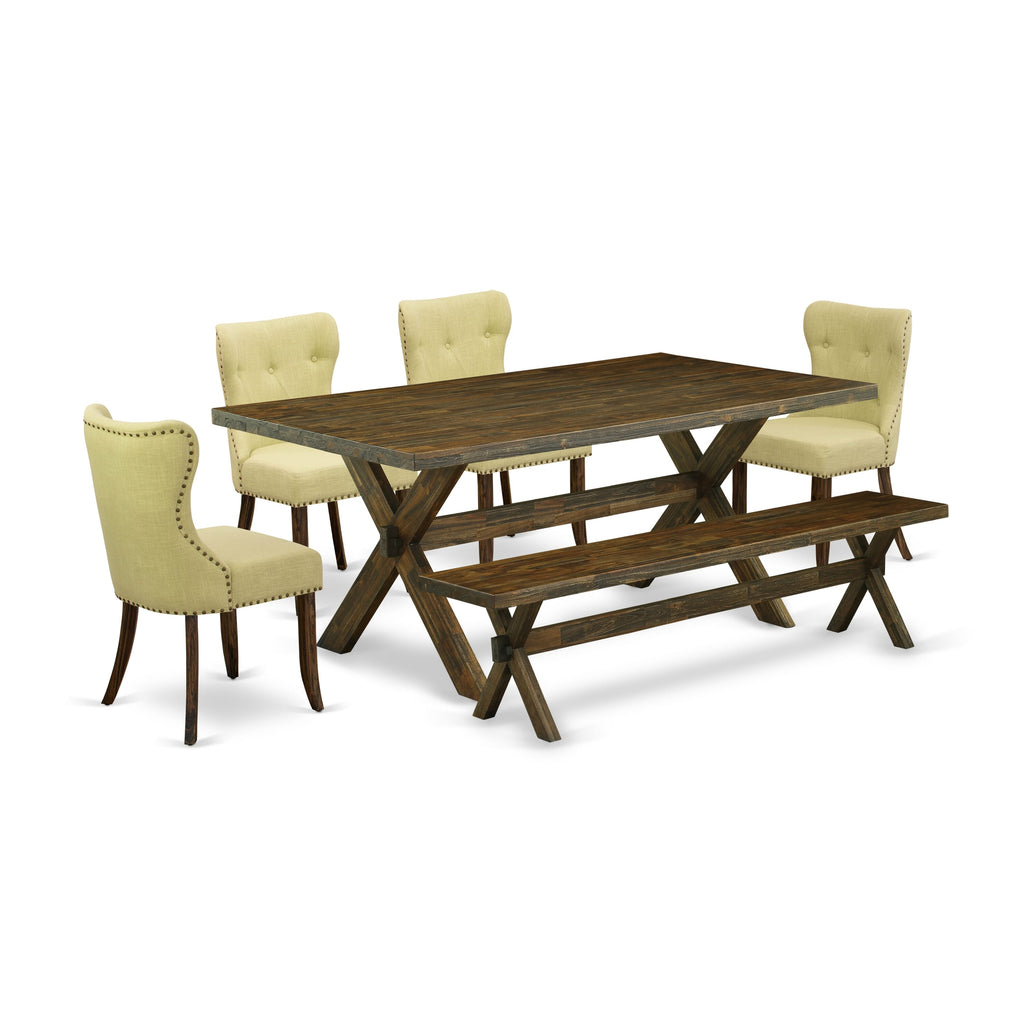 East West Furniture X777SI737-6 6-Piece Dining Table Set- 4 Limelight Linen Fabric Parson Chairs with Button Tufted Back - A Dining Table and 1 Dining Bench (Distressed Jacobean Finish)