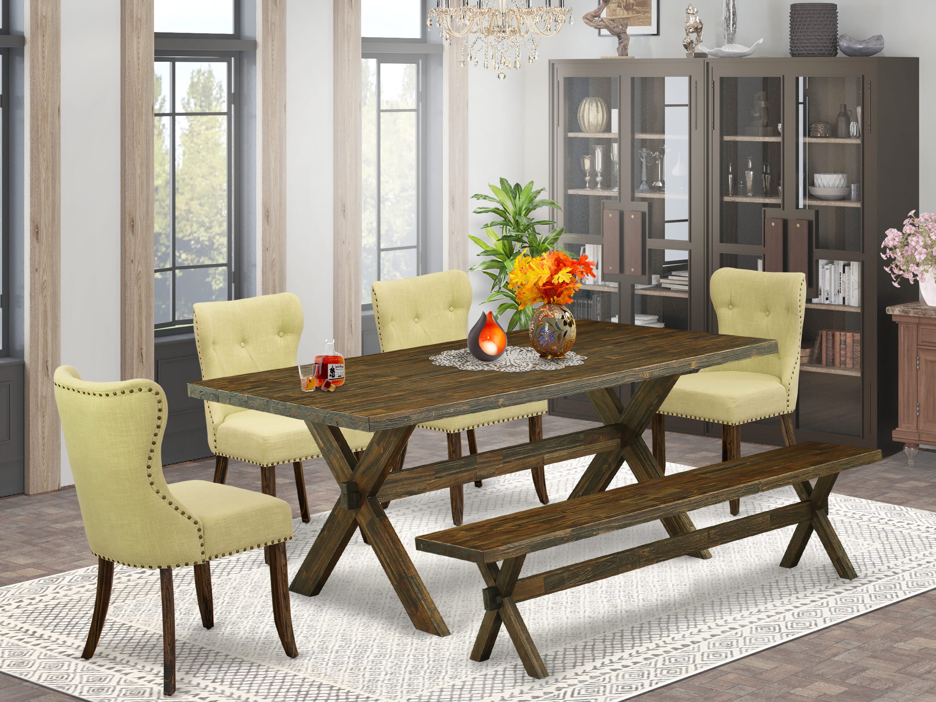 East West Furniture X777SI737-6 6-Piece Dining Table Set- 4 Limelight Linen Fabric Parson Chairs with Button Tufted Back - A Dining Table and 1 Dining Bench (Distressed Jacobean Finish)