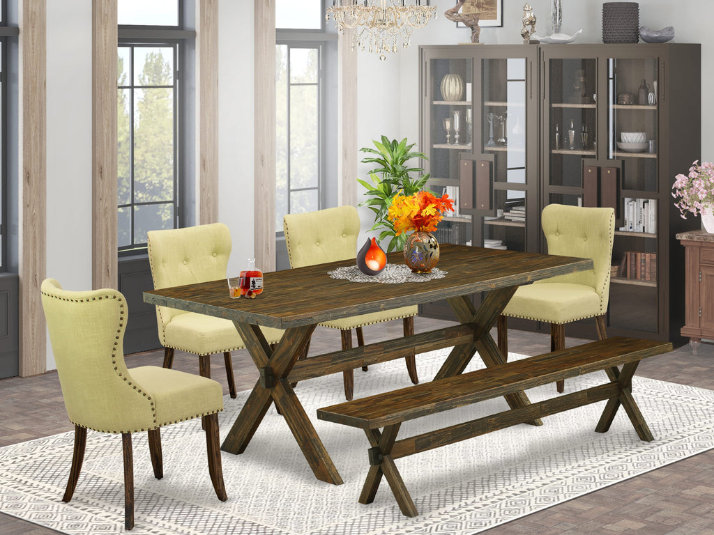East West Furniture X777SI737-6 6-Piece Dining Table Set- 4 Limelight Linen Fabric Parson Chairs with Button Tufted Back - A Dining Table and 1 Dining Bench (Distressed Jacobean Finish)