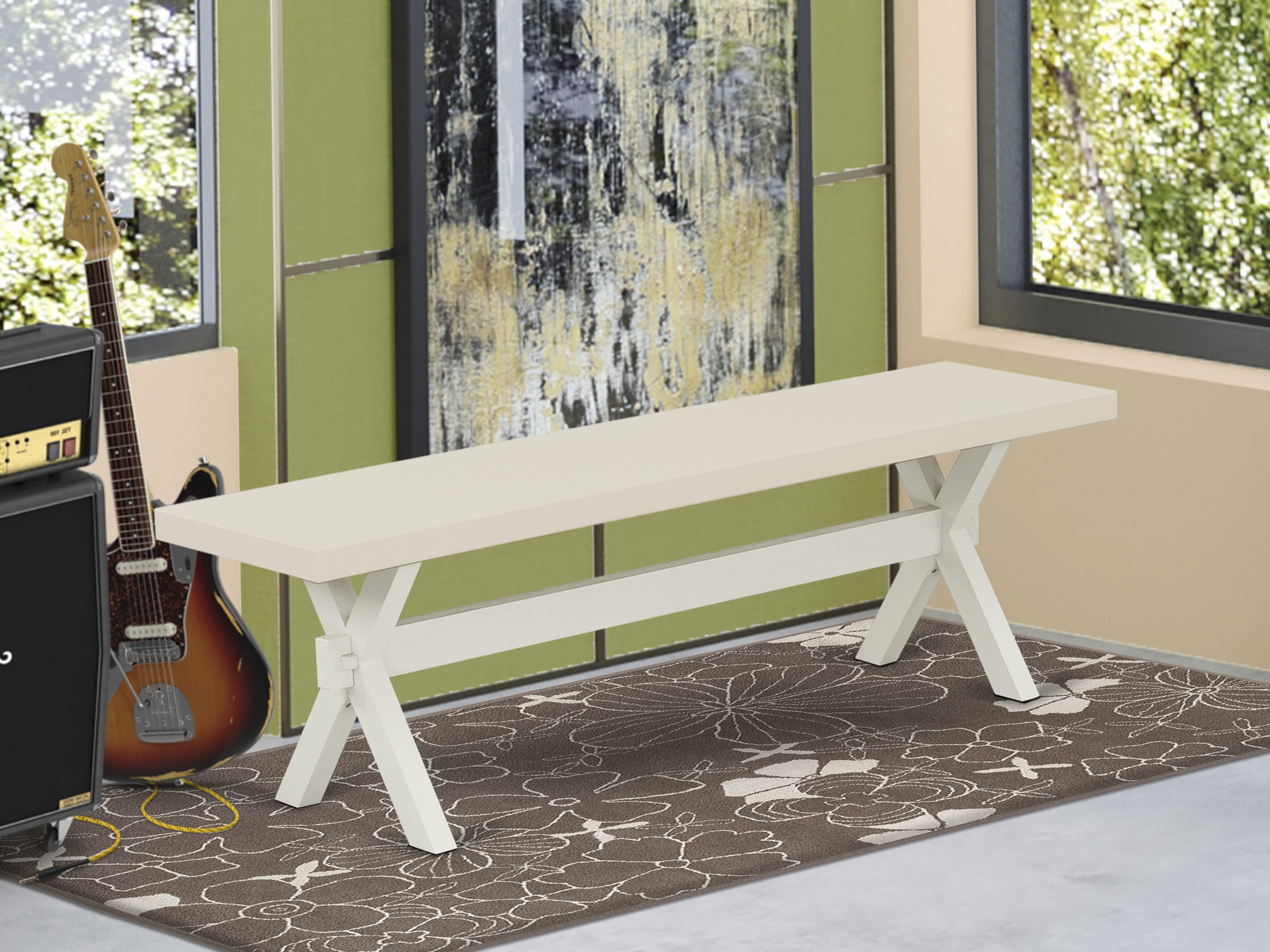 East West Furniture X026AB202-6 6-Piece Dinette Table Set-Light Beige Linen Fabric Seat and Stylish Chair Back Kitchen chairs, a Rectangular Bench and Rectangular top Dining room Table with Solid Wood Legs - linen white and linen white Finish