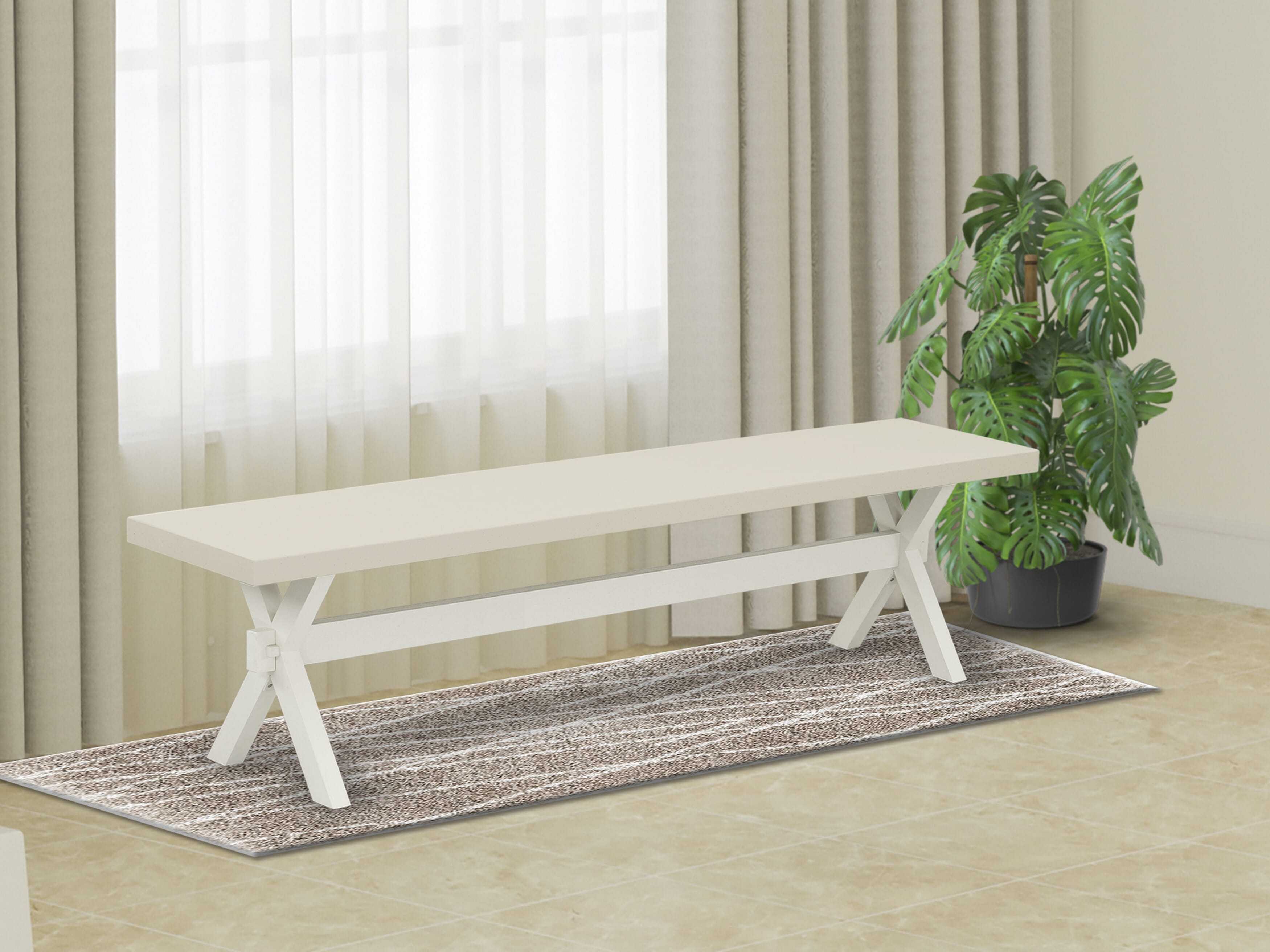 East West Furniture X027BA201-6 6-Piece Dining -Luxurious cream linen fabric Seat and High Stylish Chair Back dining room chairs, A Rectangular Bench and Rectangular top Kitchen Table with Wooden Legs - linen white and linen white Finish