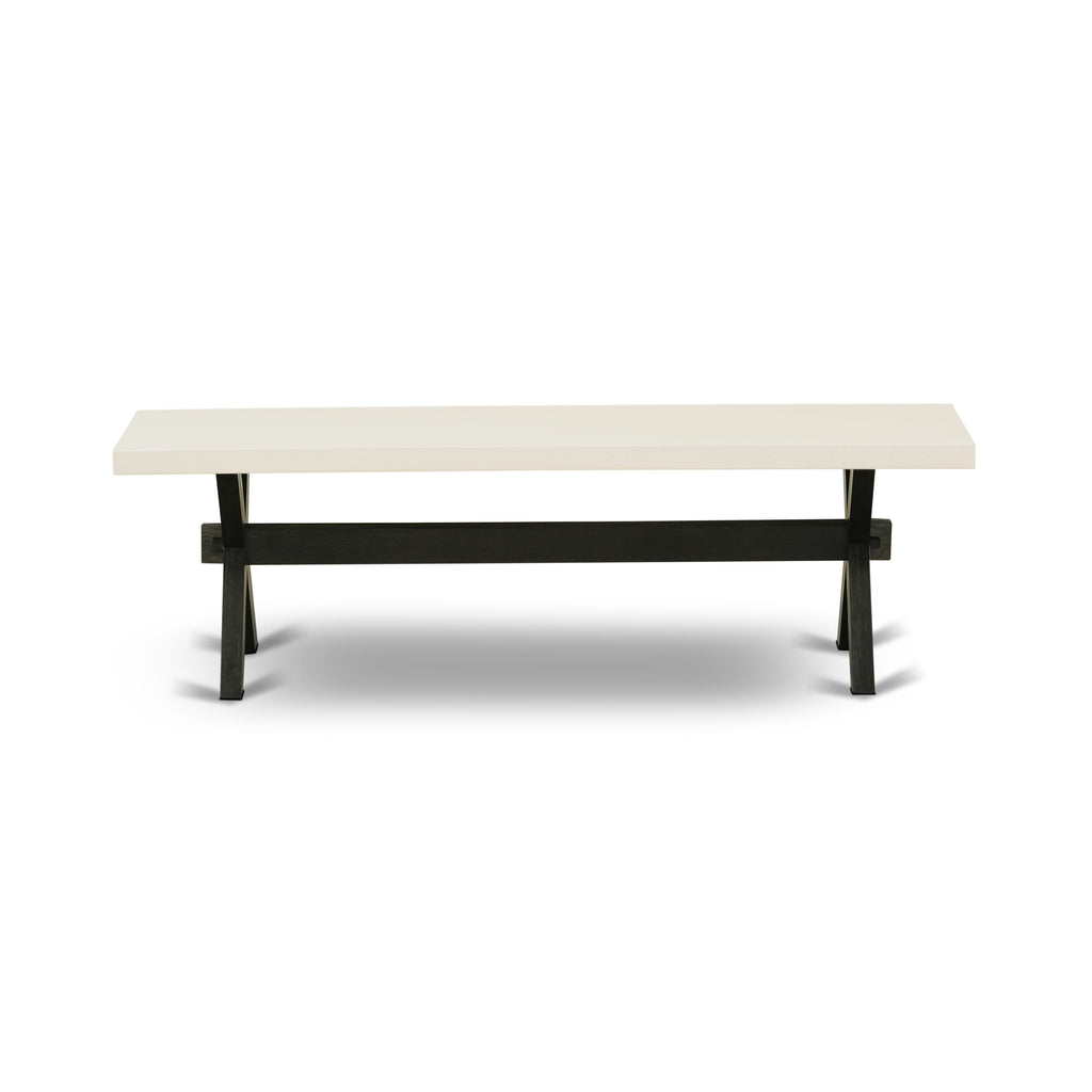 Juego de comedor de 6 piezas East West Furniture X626EL121-6. Contiene una mesa de comedor rectangular con patas en forma de X y 4 sillas Parson de tela de lino azul con un banco.