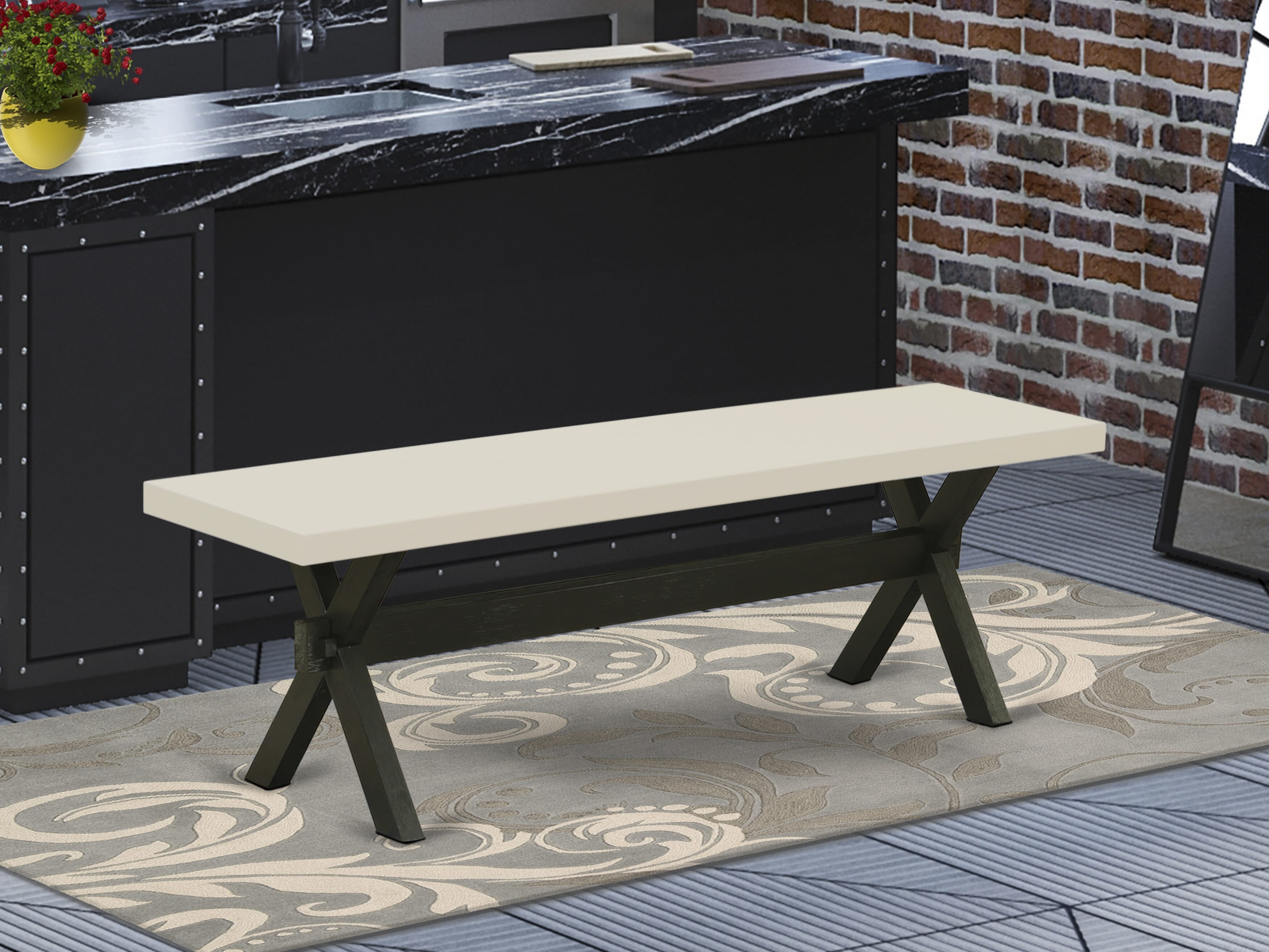 East West Furniture X626MZ606-6 6 Pc Dining Room Set - A linen white Top Wood Dining Table with a Rustic Bench and 4 Shitake Linen Fabric Upholstered Dining Chairs - Wire Brushed Black Finish