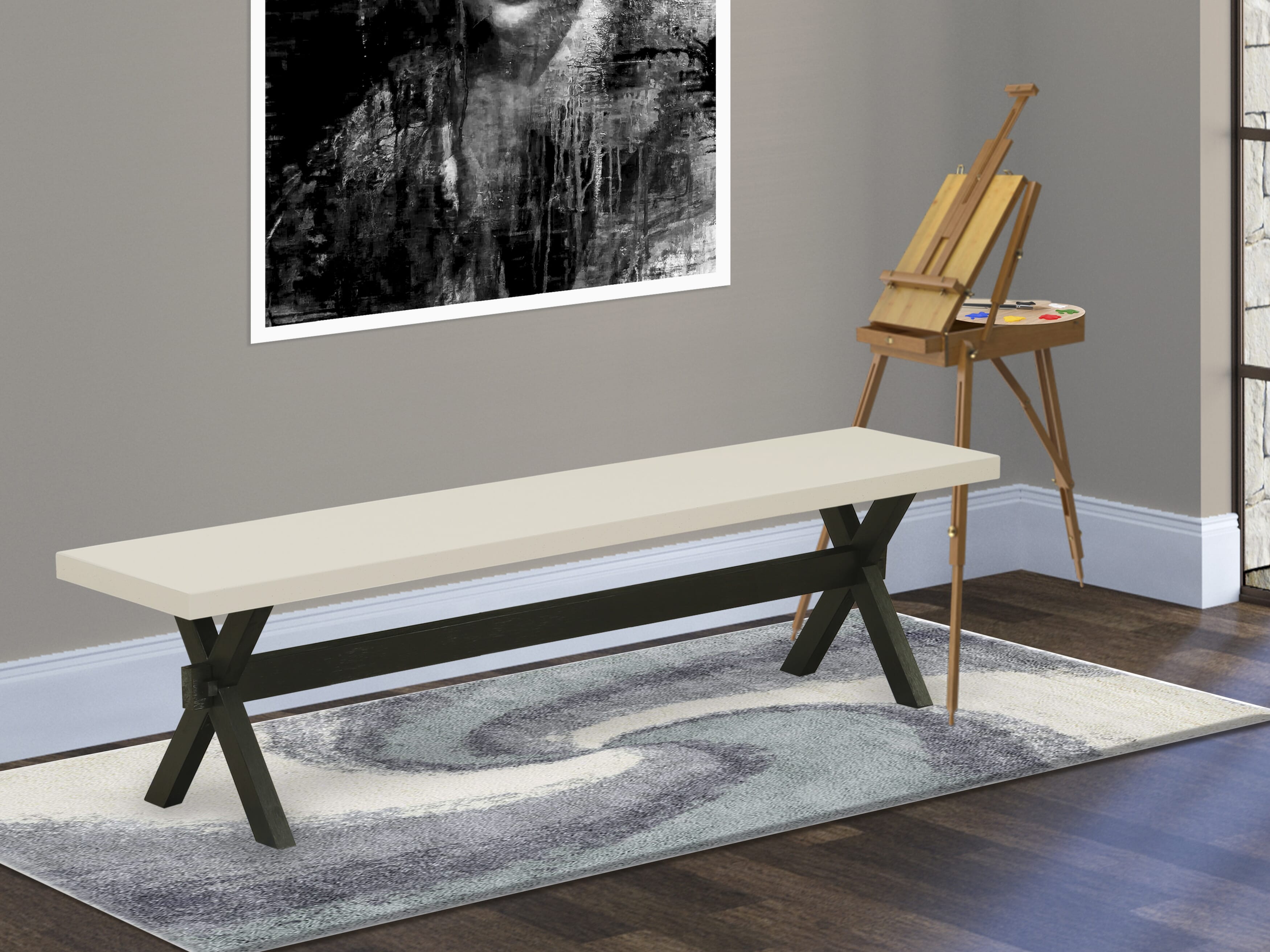 X627X2630-6 - 6-pc dining set - a table, a bench & 4 stackable chairs with White & Gray Pattern Faux Leather Fabric - Wire-brushed Black
