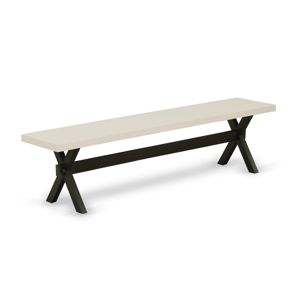 Juego de mesa de comedor de 6 piezas East West Furniture X627DR124-6. Contiene una mesa rectangular de madera con patas en forma de X y 4 sillas Parson de tela de lino de color negro con un banco.