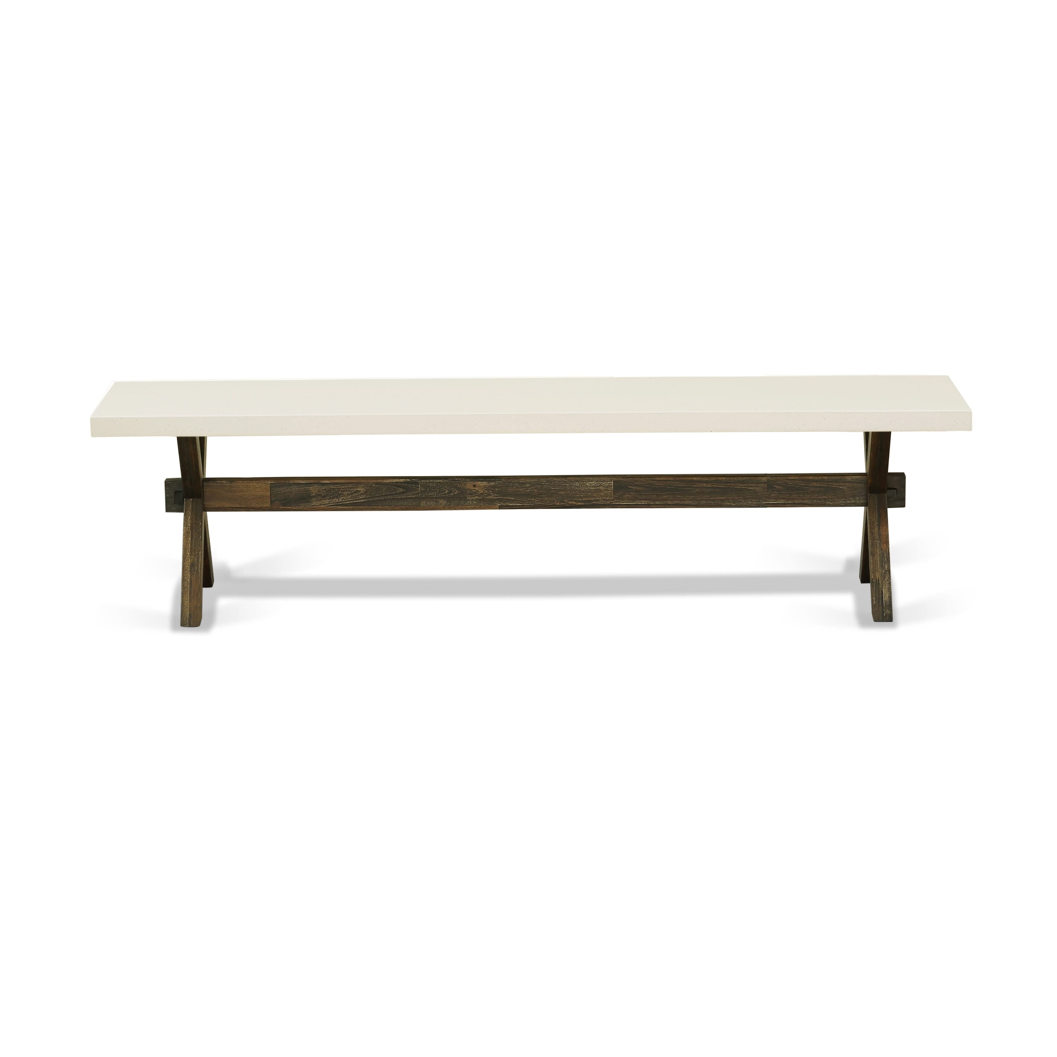 East West Furniture X727EL718-6 6-Pc Dinette Set-Brown Beige Linen Fabric Seat and Button Tufted Chair Back kitchen chairs, A Rectangular Bench and Rectangular top Kitchen Table with Wood Legs - linen white and Distressed Jacobean Finish