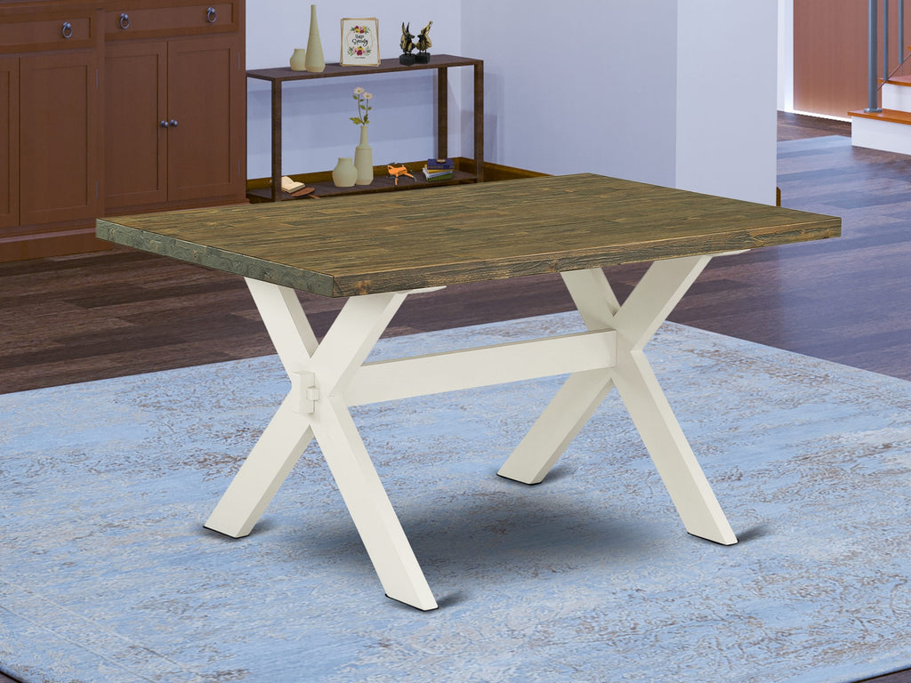 East West Furniture 6-Pc kitchen dining room set- 4 Parson Chairs with Baby Blue Linen Fabric Seat and Button Tufted Chair Back - Rectangular top & Wooden Cross Legs Modern Dining Table and Bench - Distressed Jacobean and linen white Finish