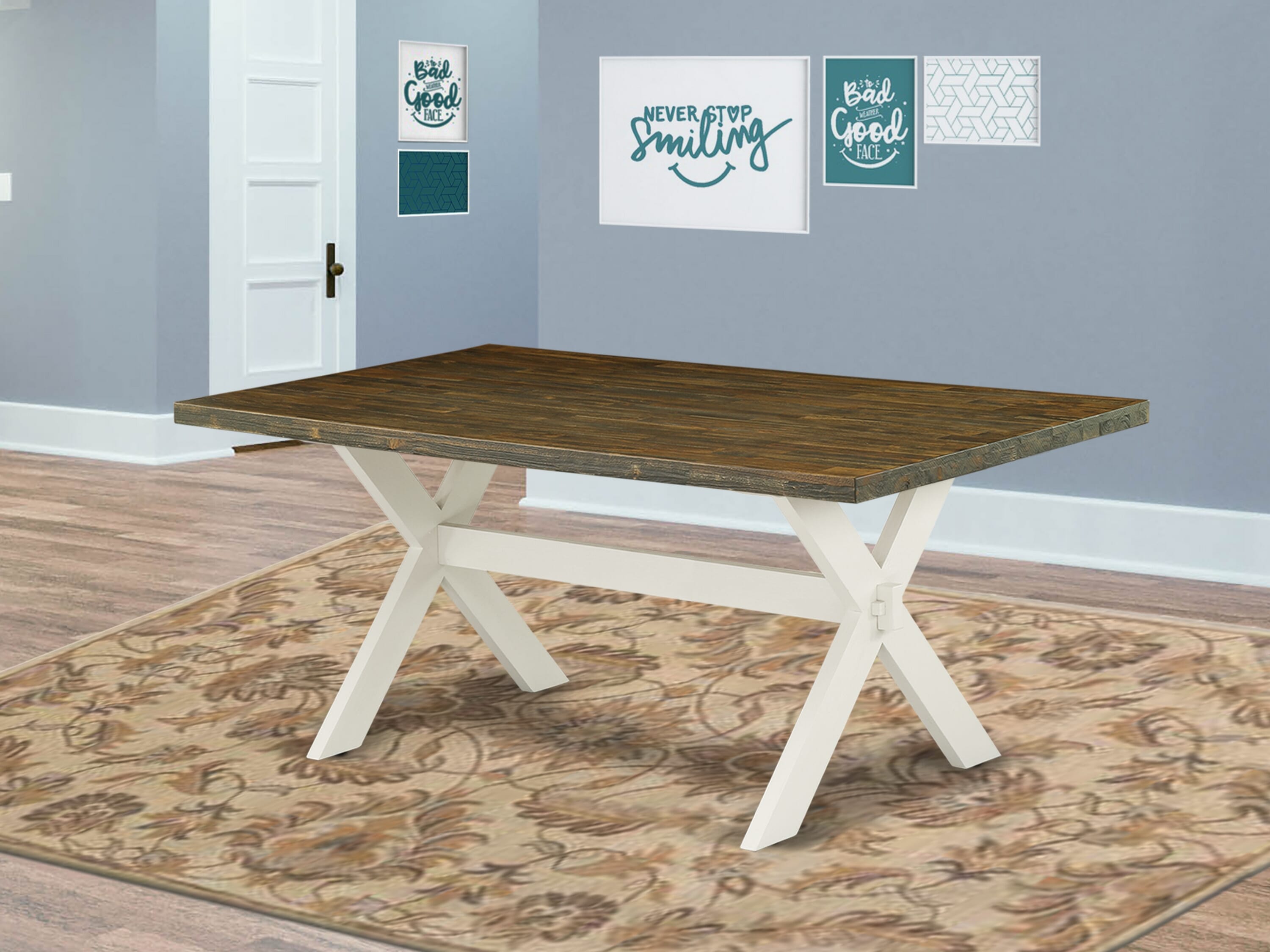 East West Furniture X077LA206-6 6-Piece Dining Table Set with Dining Table and Wooden Bench - 4 Linen Fabric Padded Parson Chairs (linen white Finish)