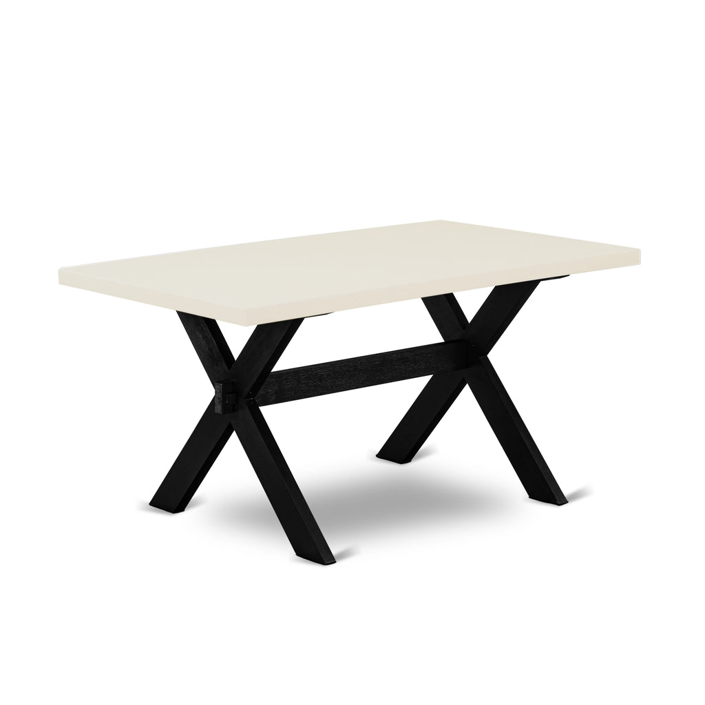 Juego de comedor East West Furniture X626FO624-7 de 7 piezas compuesto por una mesa de comedor rectangular con patas en forma de X y 6 sillas tapizadas en tela de lino negro.