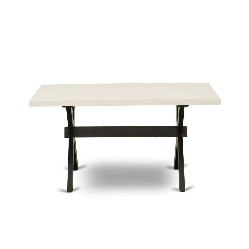 Juego de comedor East West Furniture X626FO624-7 de 7 piezas compuesto por una mesa de comedor rectangular con patas en forma de X y 6 sillas tapizadas en tela de lino negro.