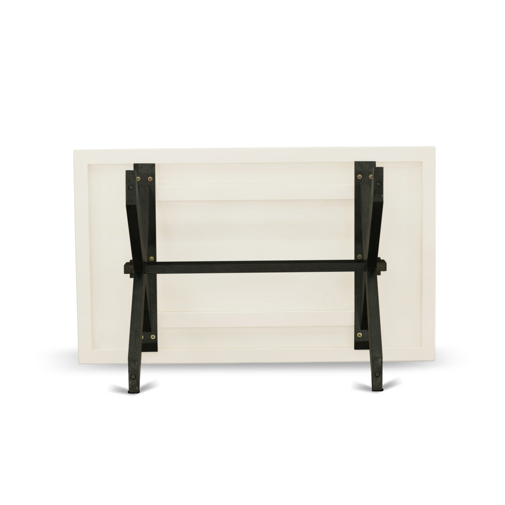 Juego de comedor East West Furniture X626FO624-7 de 7 piezas compuesto por una mesa de comedor rectangular con patas en forma de X y 6 sillas tapizadas en tela de lino negro.