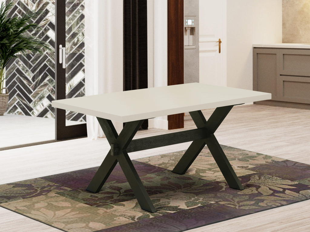 Juego de comedor East West Furniture X626FO624-7 de 7 piezas compuesto por una mesa de comedor rectangular con patas en forma de X y 6 sillas tapizadas en tela de lino negro.