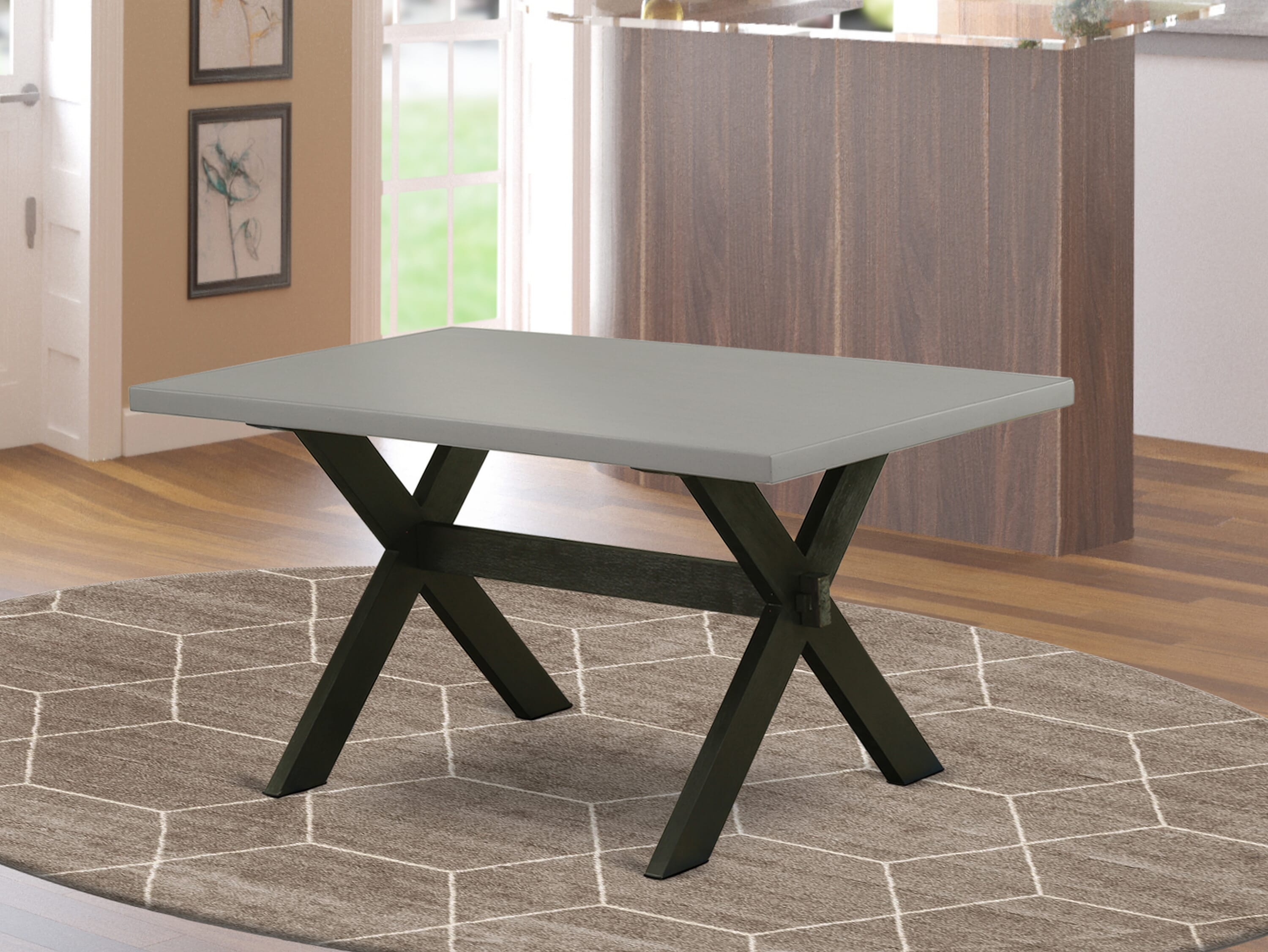East West Furniture X696FO624-5 5 Pc Dining Room Table Set Includes 4 Black Linen Fabric Dining Room Chairs with Button Tufted and Cement Dining Room Table - Wire Brush Black Finish