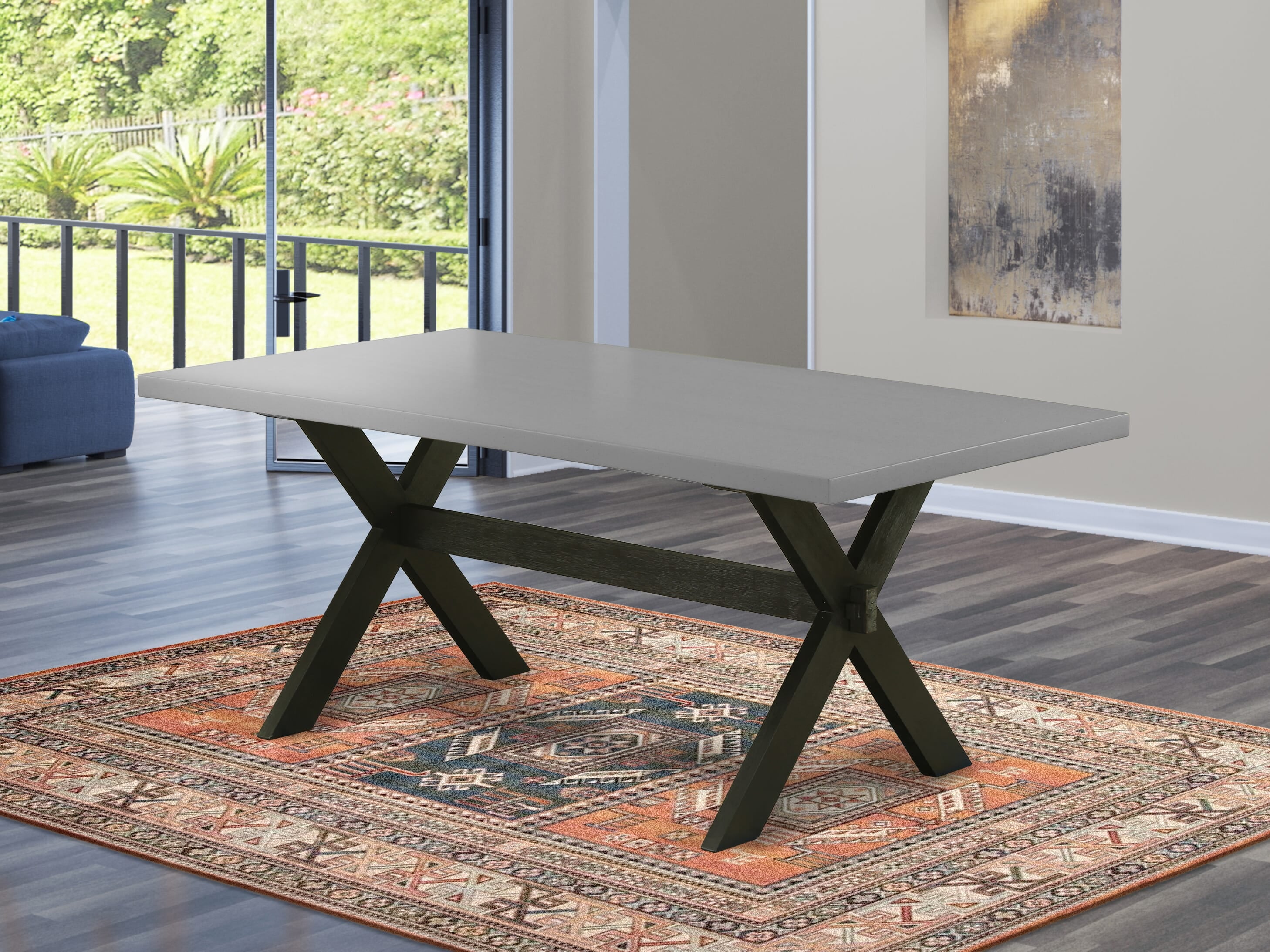East West Furniture X697FO624-5 5-Piece Dining Table Set consists of 4 Black Linen Fabric Parson Chairs with Nail heads and Cement Dining Room Table - Wire Brush Black Finish