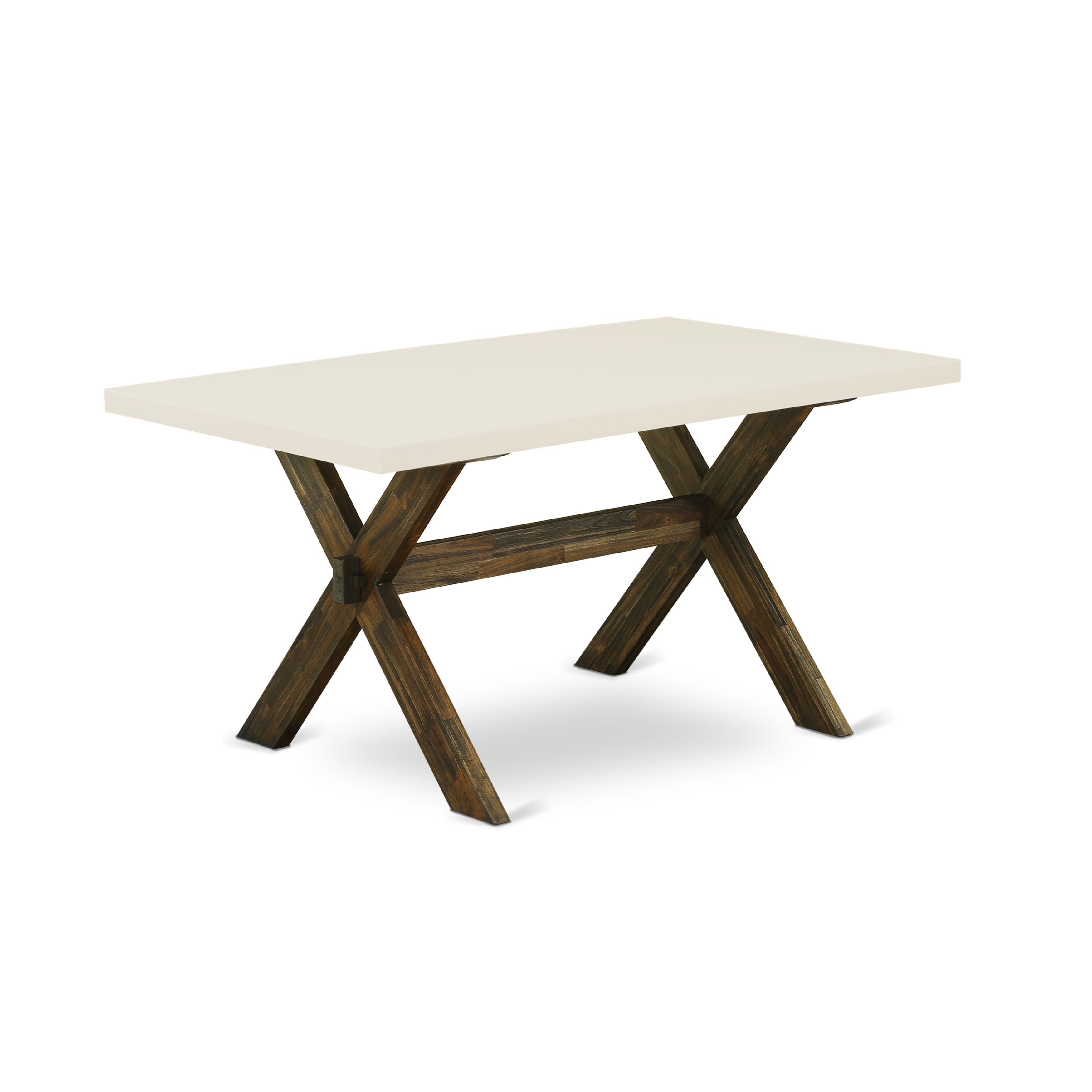 East West Furniture X726EL718-7 7-Piece Dining Table Set a beautiful linen white Kitchen Table top and 6 beautiful Dining chairs with Nail Heads and Button Tufted, Distressed Jacobean Finish
