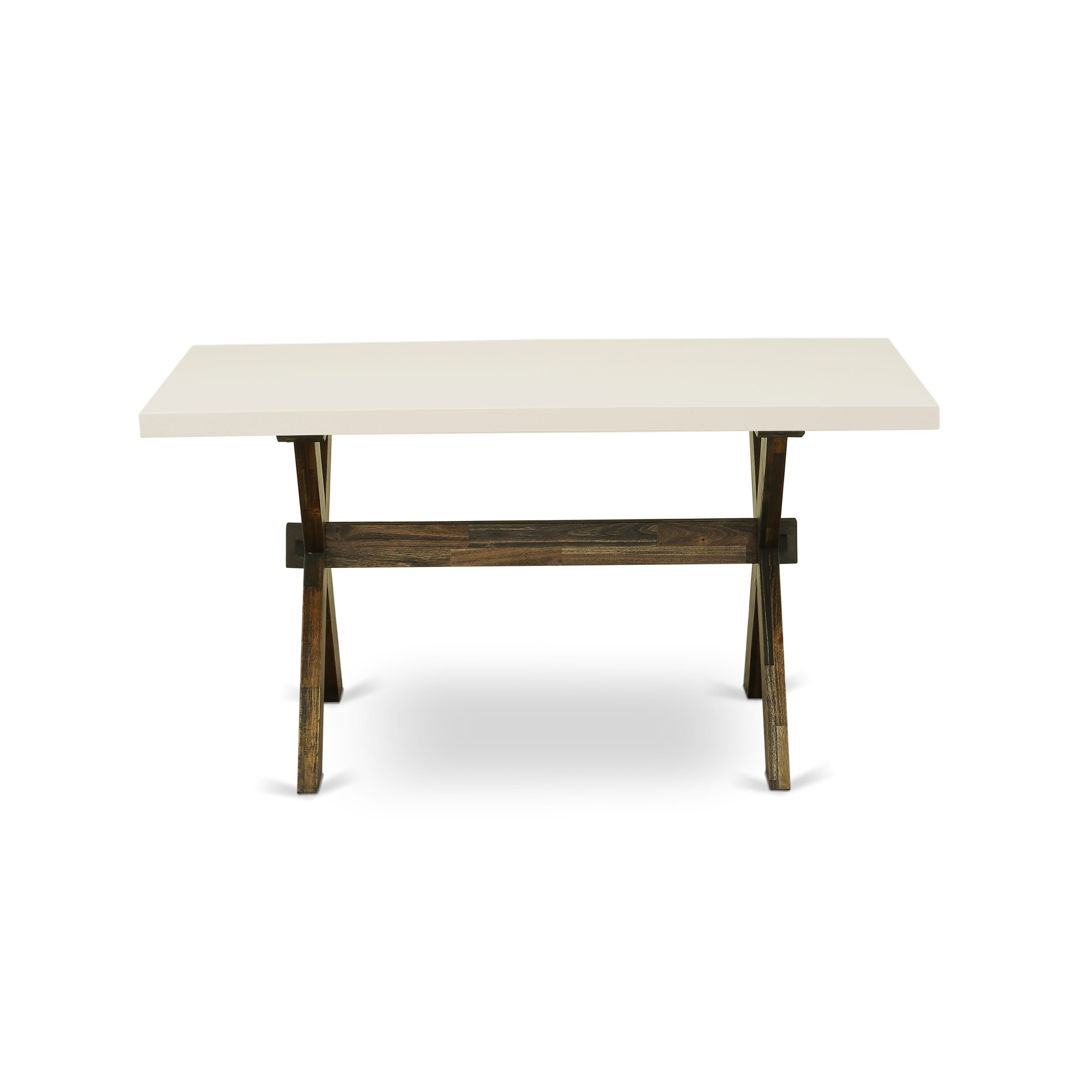 East West Furniture X726SI737-7 7-Pc Dining Room Table Set- 6 Upholstered Dining Chairs with Limelight Linen Fabric Seat and Button Tufted Chair Back - Rectangular Table top & Wooden Cross Legs - linen white and Distressed Jacobean Finish