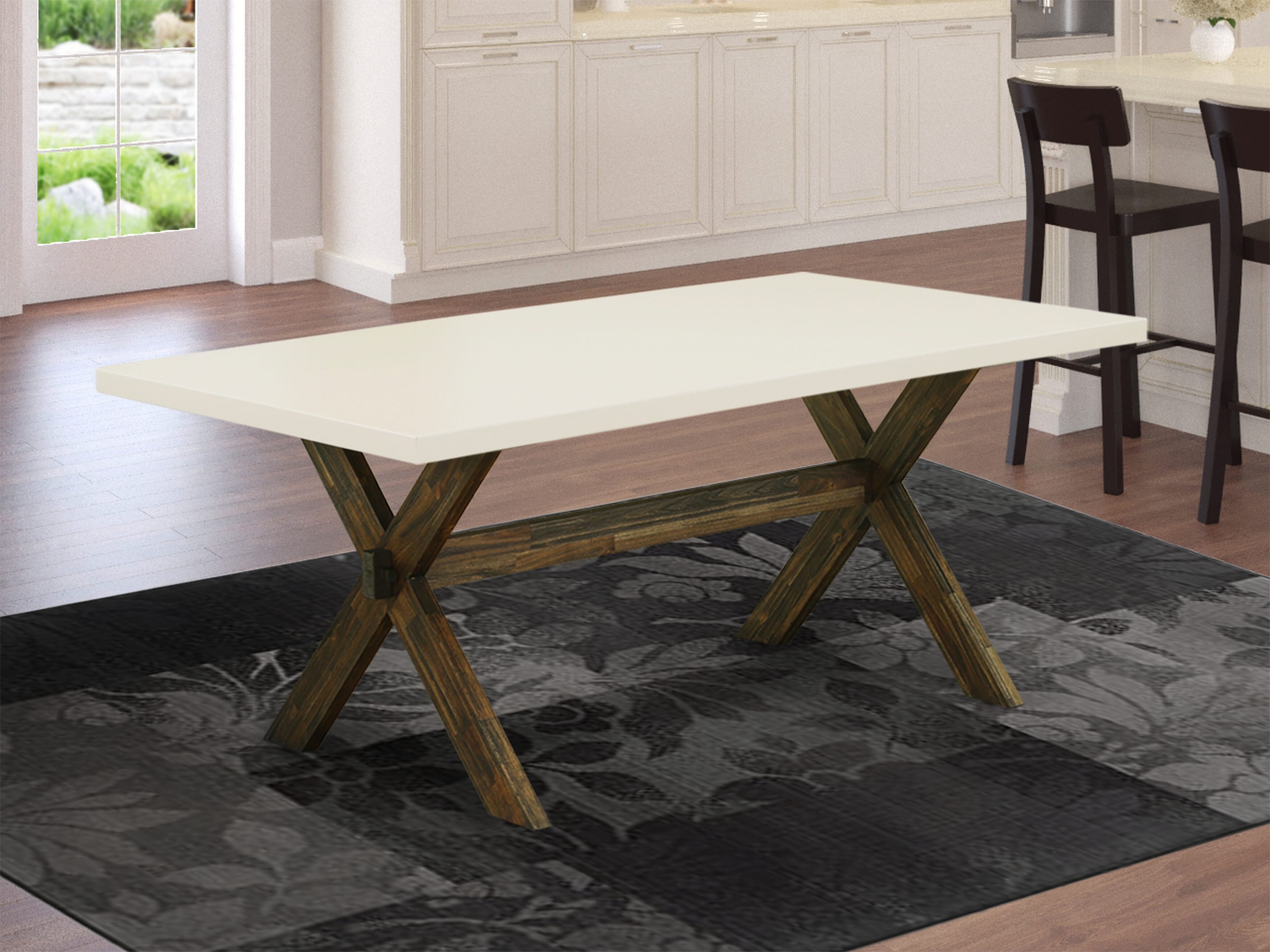 East West Furniture X727MZN32-9 9-Piece Dining Table Set Contains a Wood Dining Table and 8 Light Beige Linen Fabric Mid Century Dining Chairs with Stylish Back - Distressed Jacobean Finish
