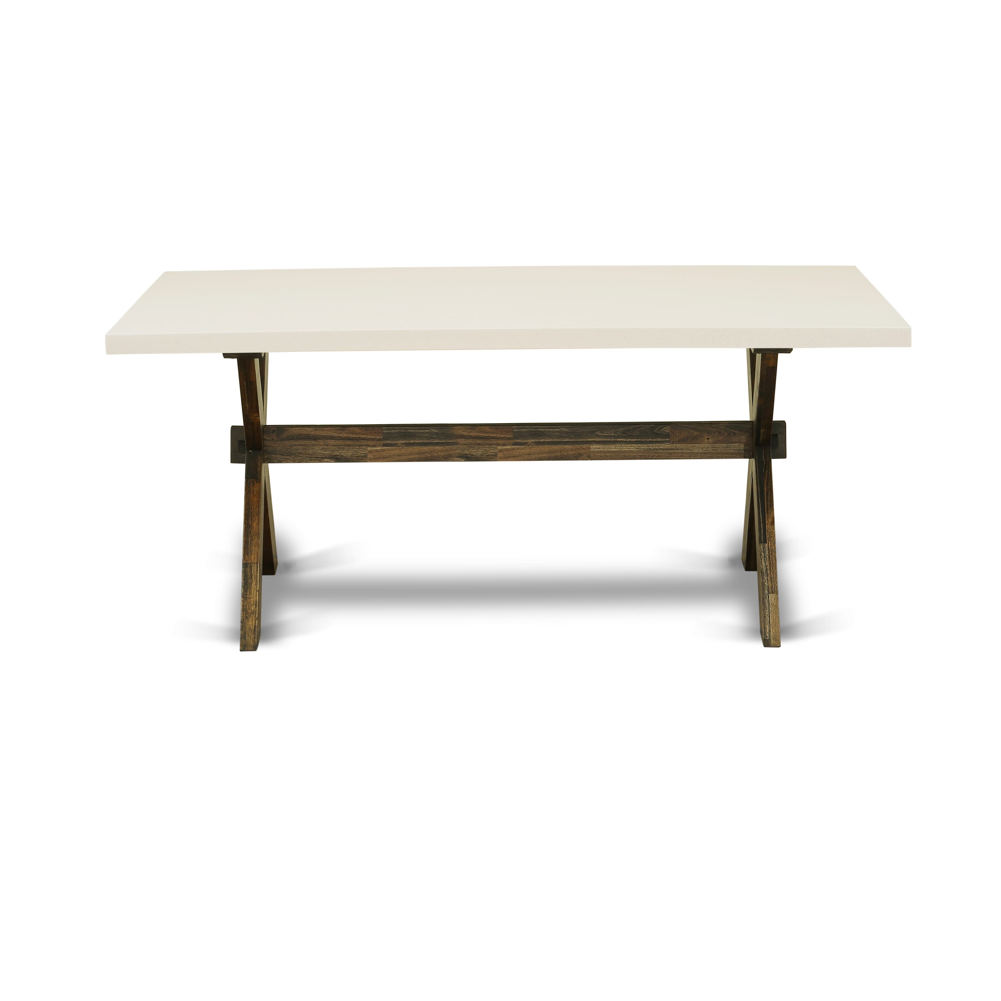 East West Furniture X727MZN32-9 9-Piece Dining Table Set Contains a Wood Dining Table and 8 Light Beige Linen Fabric Mid Century Dining Chairs with Stylish Back - Distressed Jacobean Finish