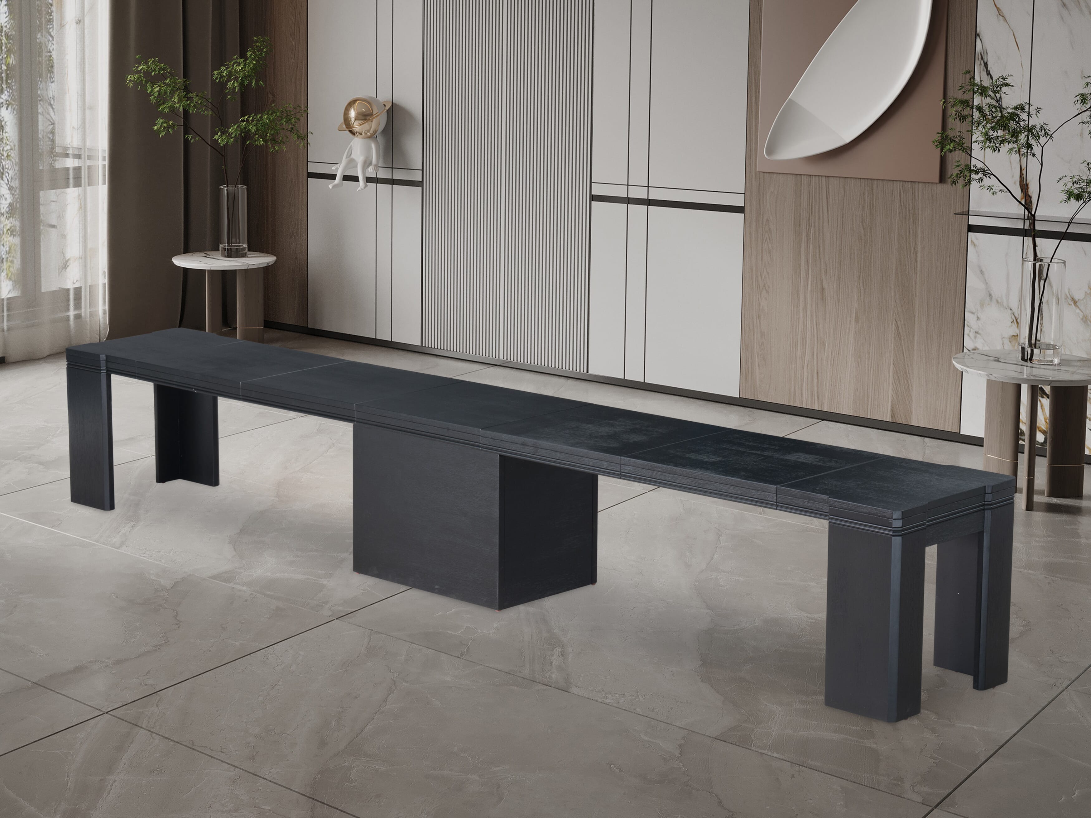 Luxe by East West Furniture X0000-2C6-00 - 4 Pieces Extendable Dining Set Includes 1 Extendable Kitchen Table, 1 Coffee Table and 2 Modern Benches, Wire Brushed Black.