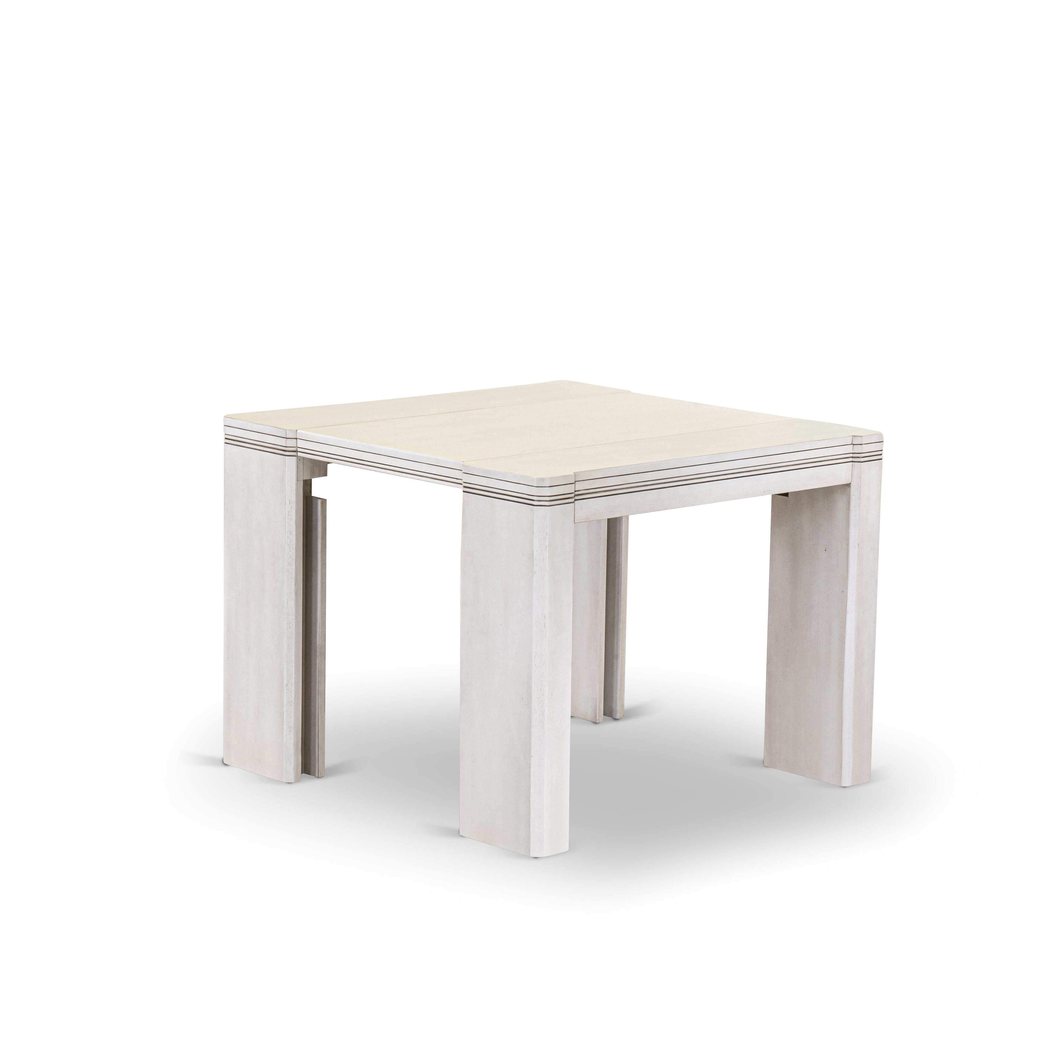 X02X1-2CW-01-6 Pc Extendable Dining Set Includes a Rectangle Xtenczar Dining Table, 1 Coffee Table, 2 Cream Fabric Stackable Chairs and 2 Modern Benches, Antique White