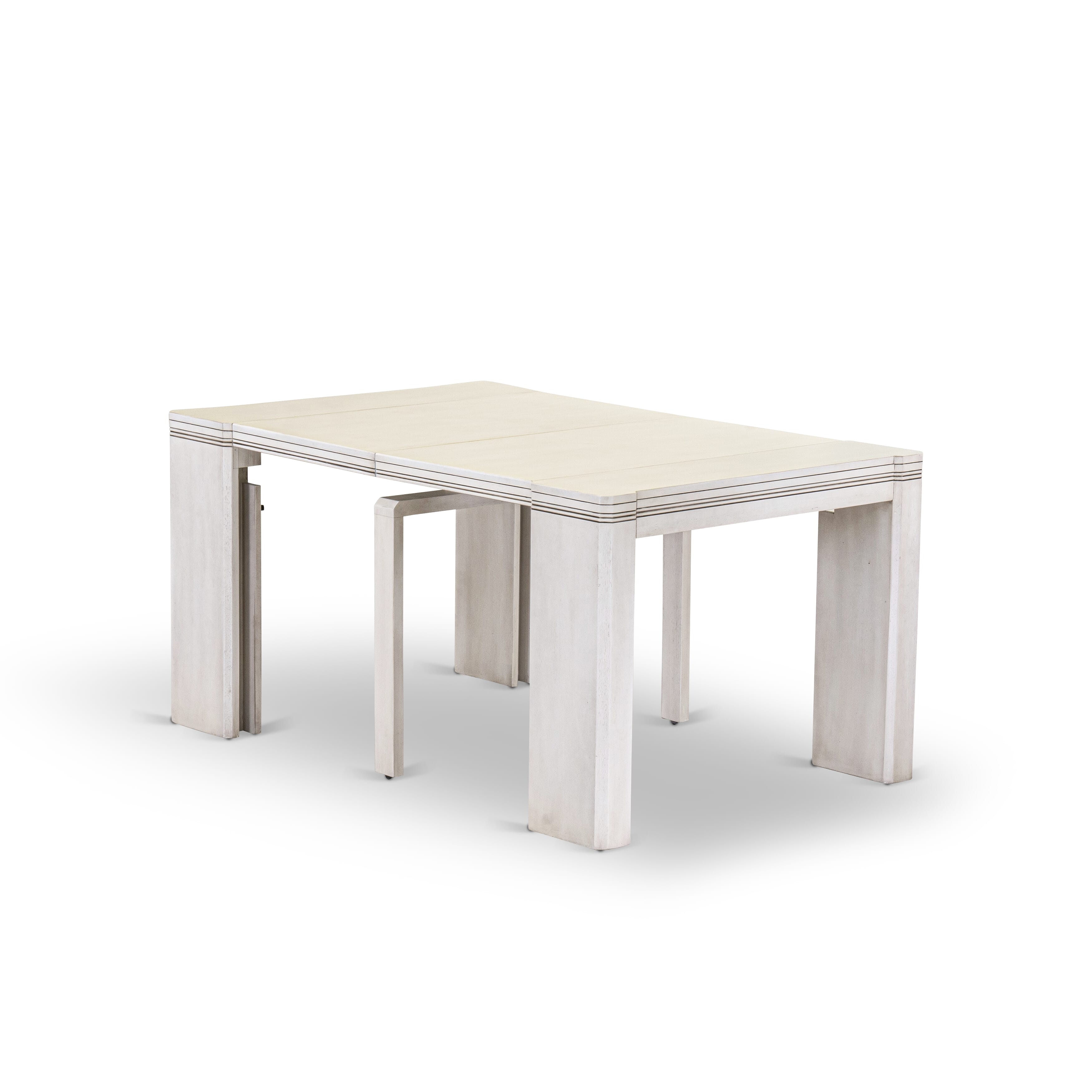 X07X1-BCW-01-10 Pieces Extendable Dining Set Includes a Rectangle Xtenczar Dining Table, 1 Coffee Table, 7 Cream Fabric Stackable Dining Chairs and 1 Bench, Antique White