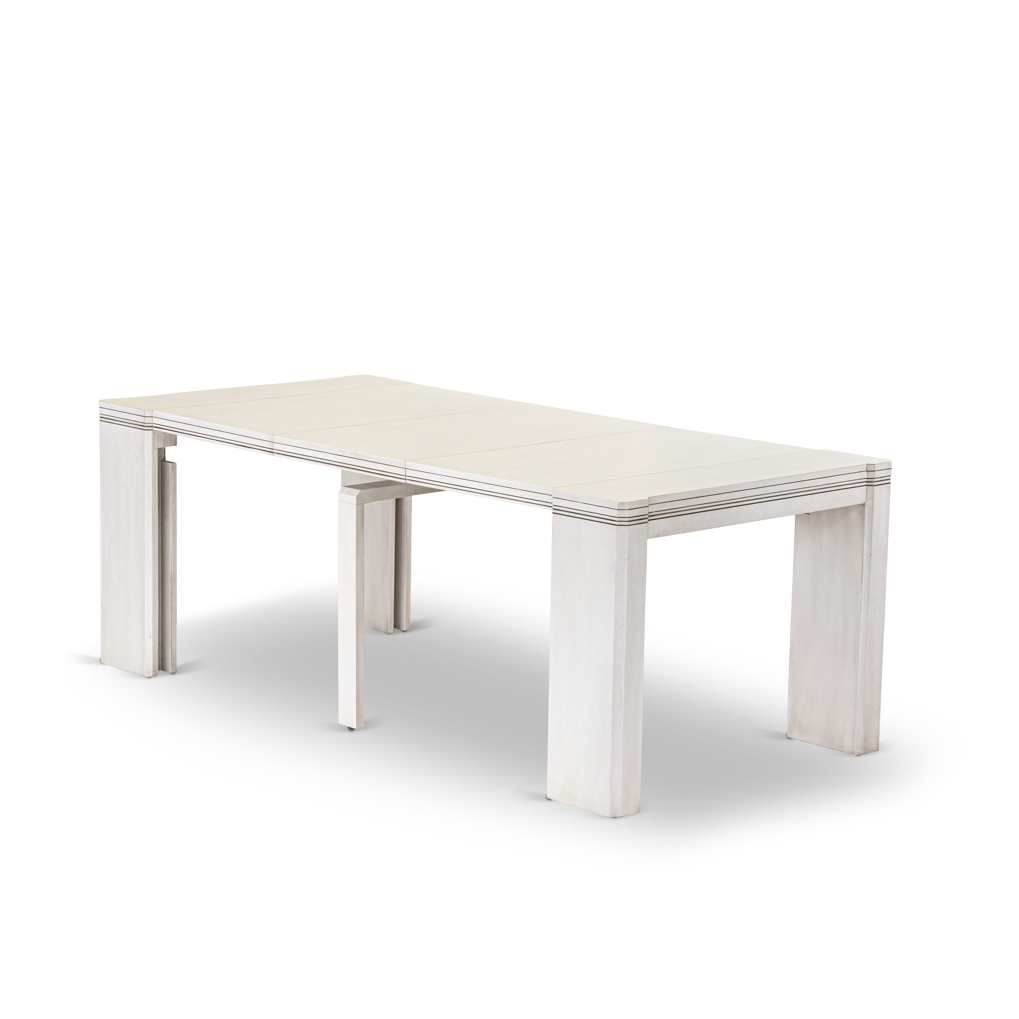 X12X1-0CW-01-14 Pieces Extendable Dining Set Includes 1 Rectangle Xtenczar Dining Table, 1 Coffee Table, 12 Cream Linen Fabric Stackable Dining Chairs, Antique White