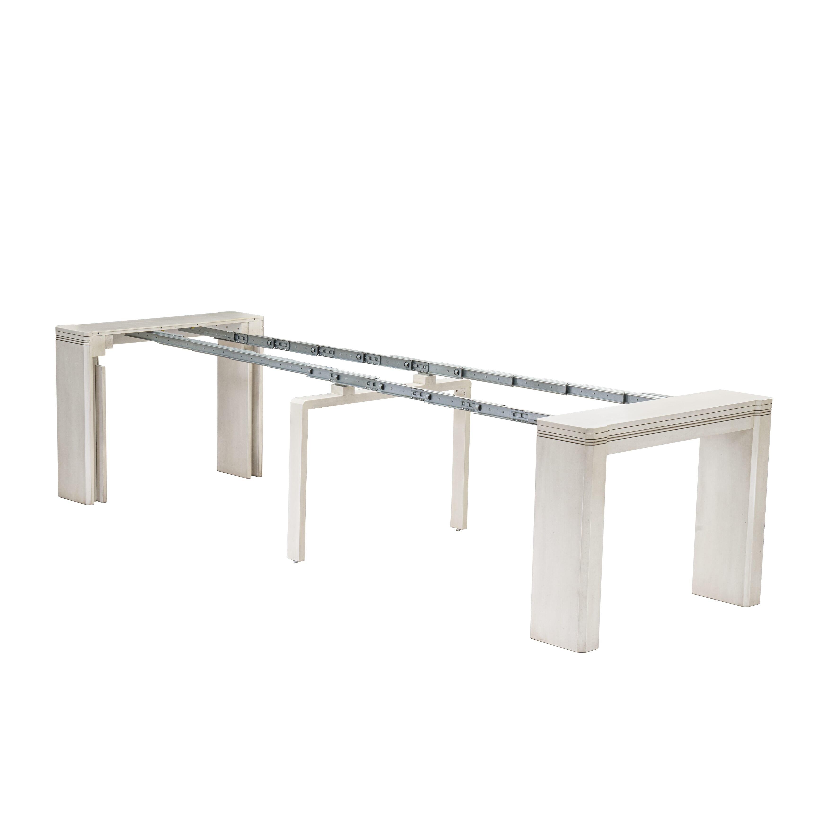 X12X2-0CW-27 -14 Pieces Extendable Dining Set Includes 1 Rectangle Xtenczar Dining Table, 1 Coffee Table, 12 Light Gray Faux Leather Stackable Dining Chairs, Antique White