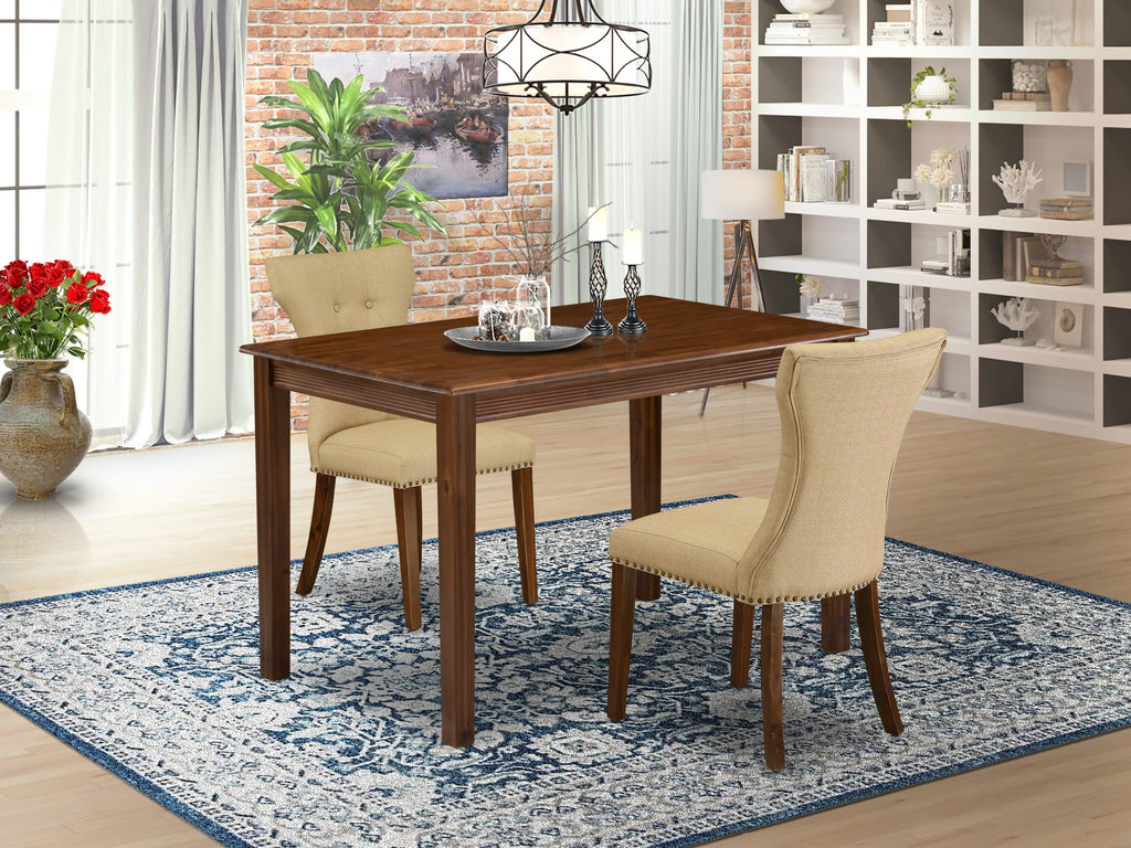 East West Furniture YAGA3-AWA-03 3 Piece Dining Set Includes a Rectangle Kitchen Dining Table and 2 Upholstered Parson Chairs, 30x48 Inch, Antique Walnut