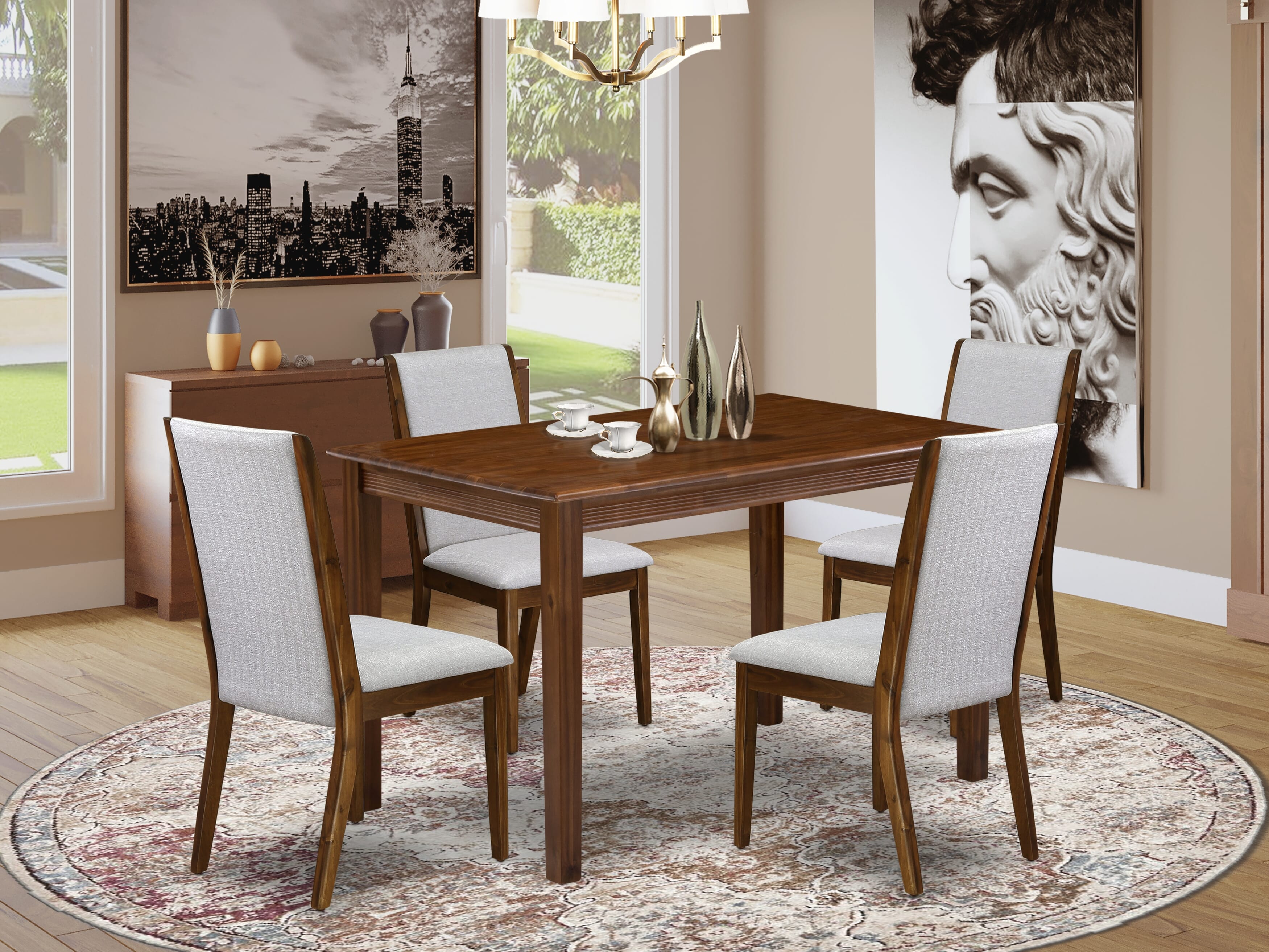 East West Furniture YALA5-AWA-05 5 Piece Dinette Set for Small SpacesIncludes a Rectangle Dining Table and 4 Parson Kitchen Chairs, 30x48 Inch, Antique Walnut
